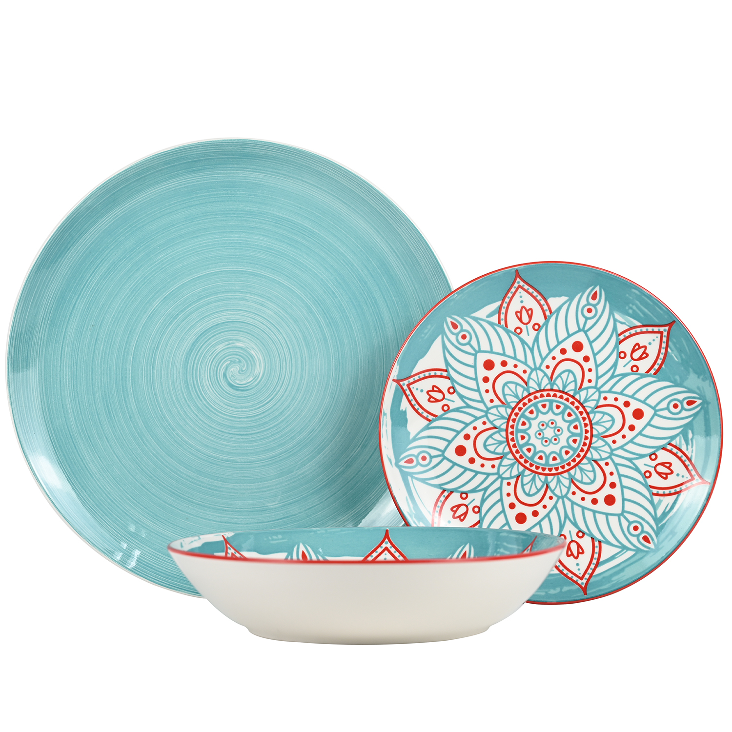 Vajilla 18 pzs porcelana azulmandala, plato llano: diametro 27cm postre: 19cm, hondo: 20x4cm
