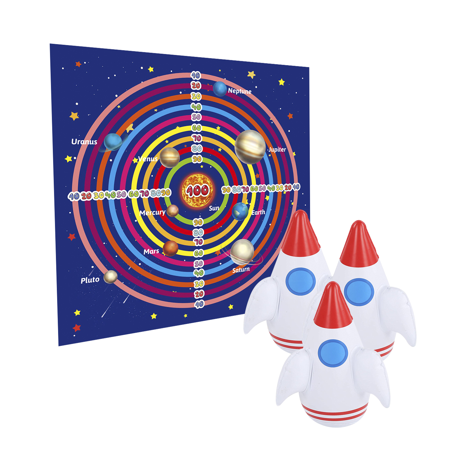 DAM. Lanzamiento espacial de cohetes: juego de puntería, incluye 1 manta diana y 3 cohetes hinchables. 48x48x10 cm.