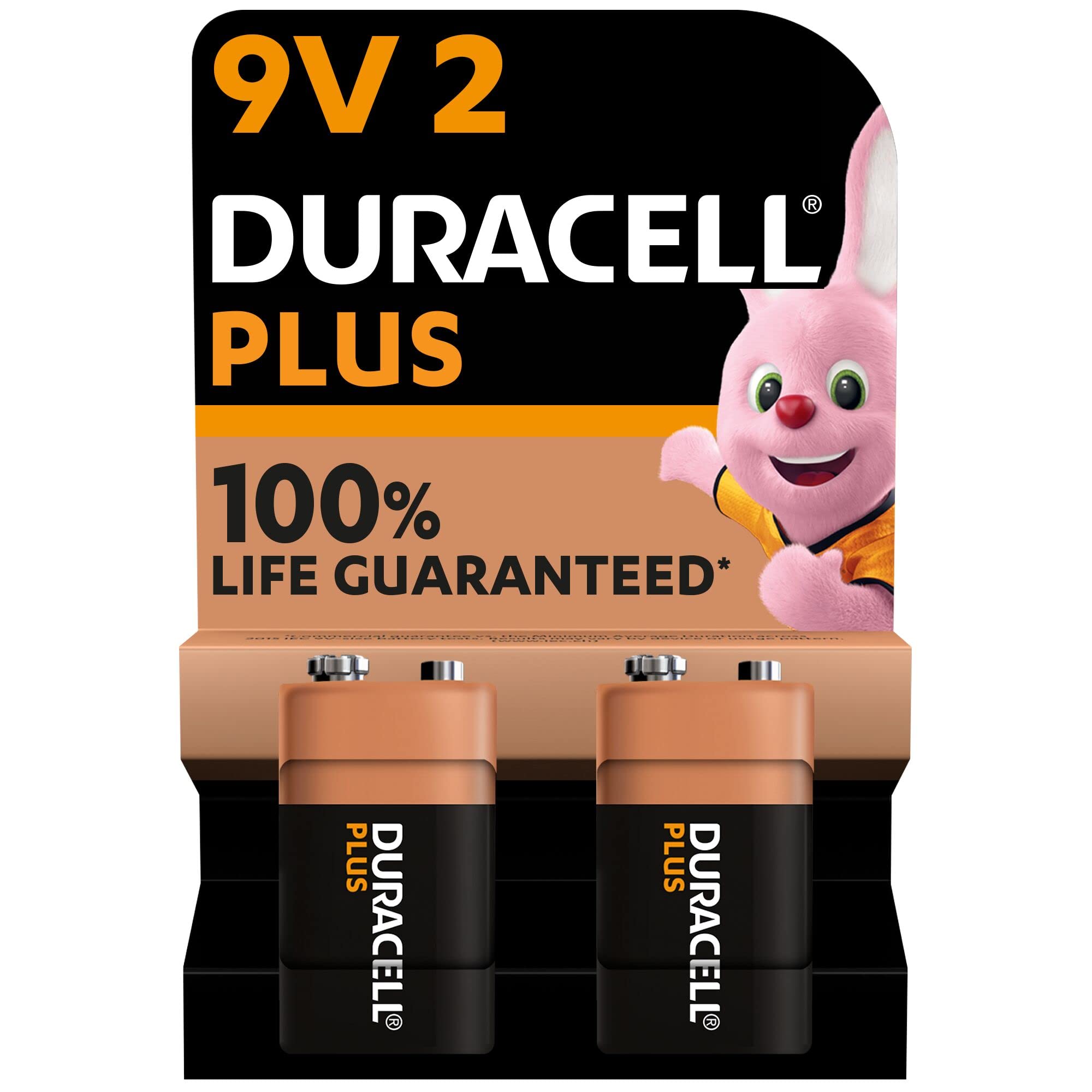 Duracell plus 9 v batteries (pack of 2) - alkaline - 100% guaranteed life - reliability for everyday devices - plastic-free packaging - 5 years of storage - 6lr61 mn1604
