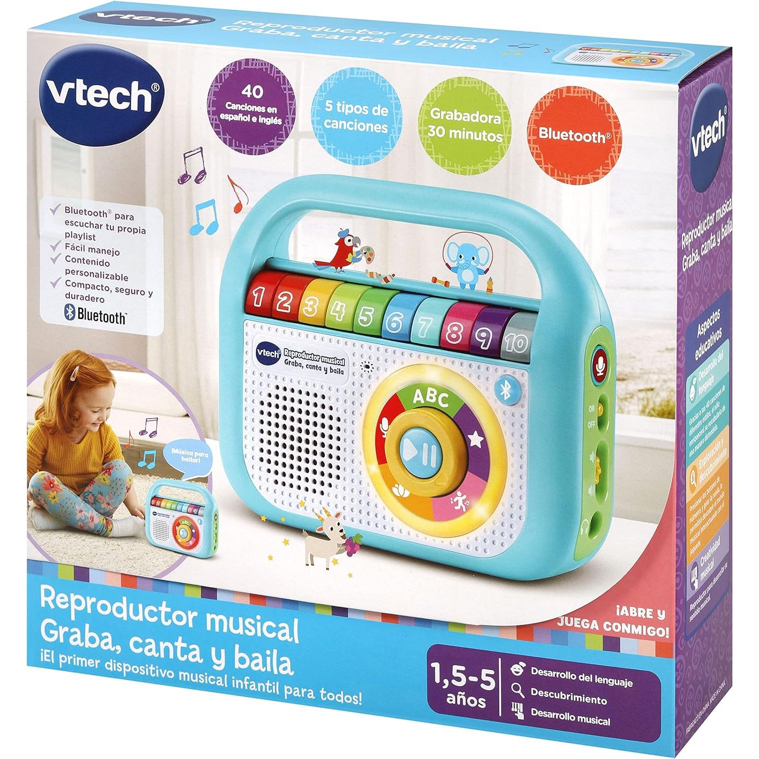 VTech - Reproductor Musical Graba Canta y Baila, Radio Infantil con Bluetooth, Grabadora, Juguete para niños +1.5 años, Versión ESP