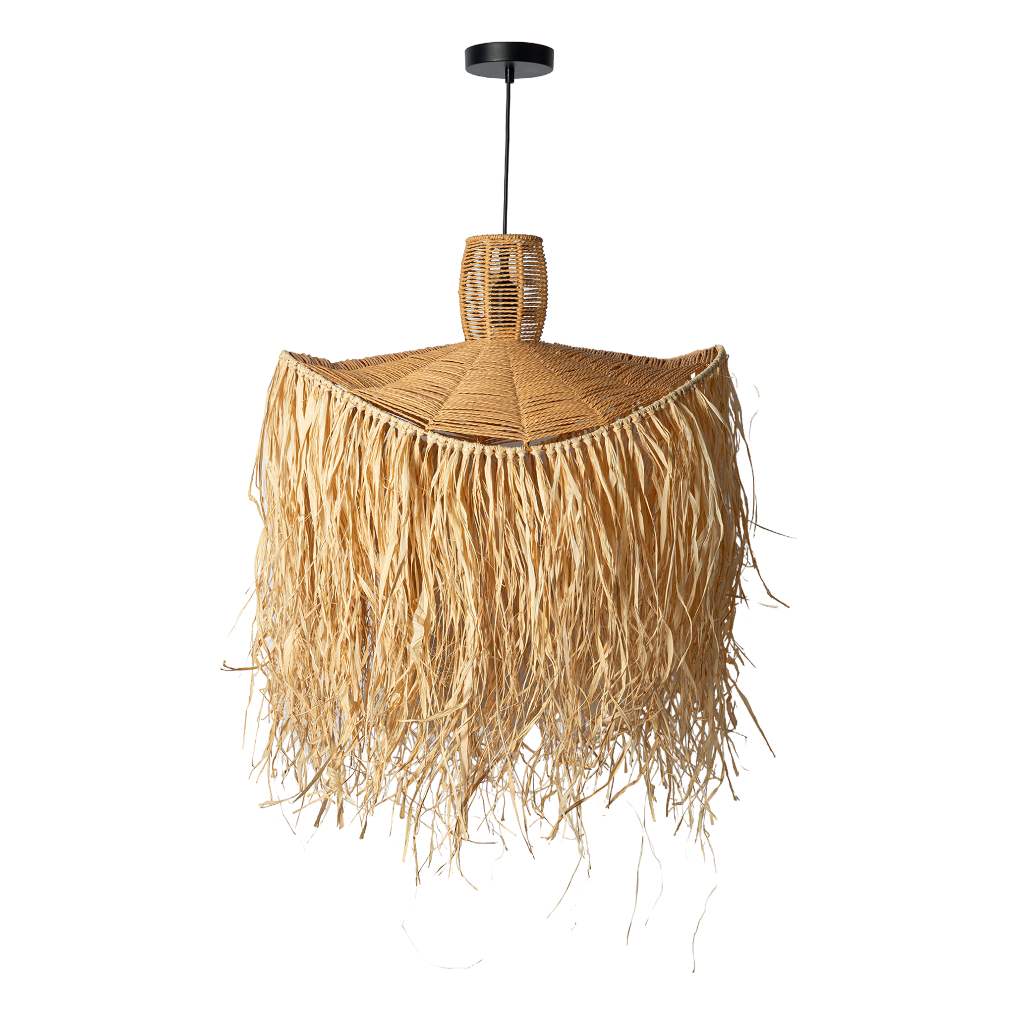Alpinaluz Lámpara Colgante de Rafia Natural con Flecos, Lámpara de Techo Estilo Boho Mediterráneo, Pantalla Artesanal de Fibra Natural para Salón, Comedor, Dormitorio y Restaurante D60cm"MAIZ"
