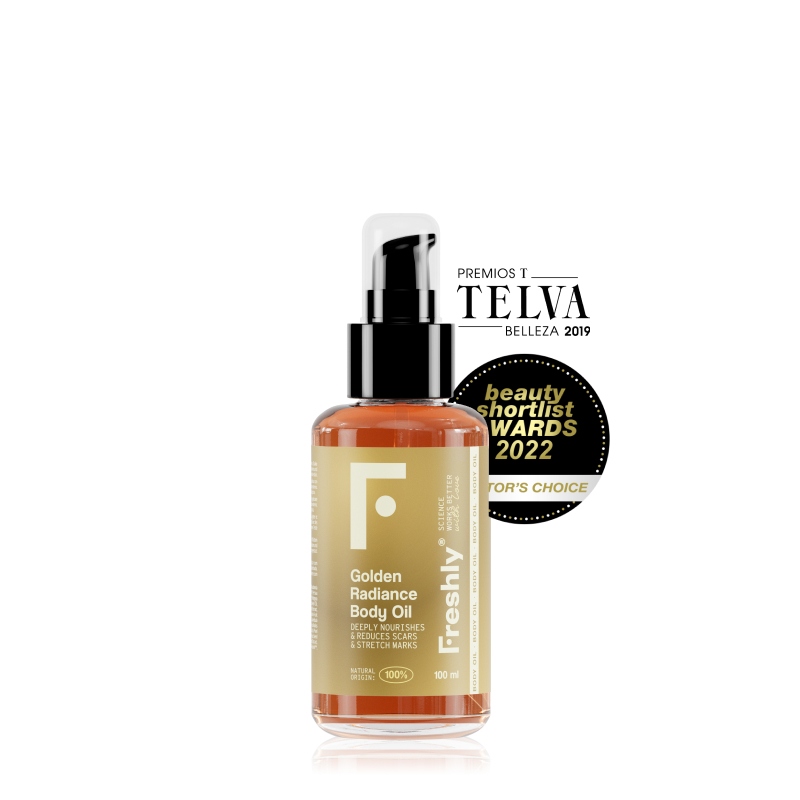 Freshly Cosmetics - Golden Radiance Body Oil - Aceite corporal 100% natural nutre, reafirma y trata estrías