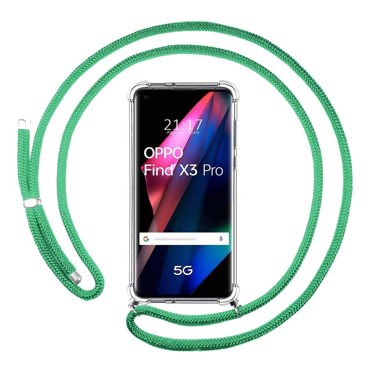 Tumundosmartphone Funda Colgante Transparente para Oppo Find X3 Pro 5G con Cordon Verde Agua