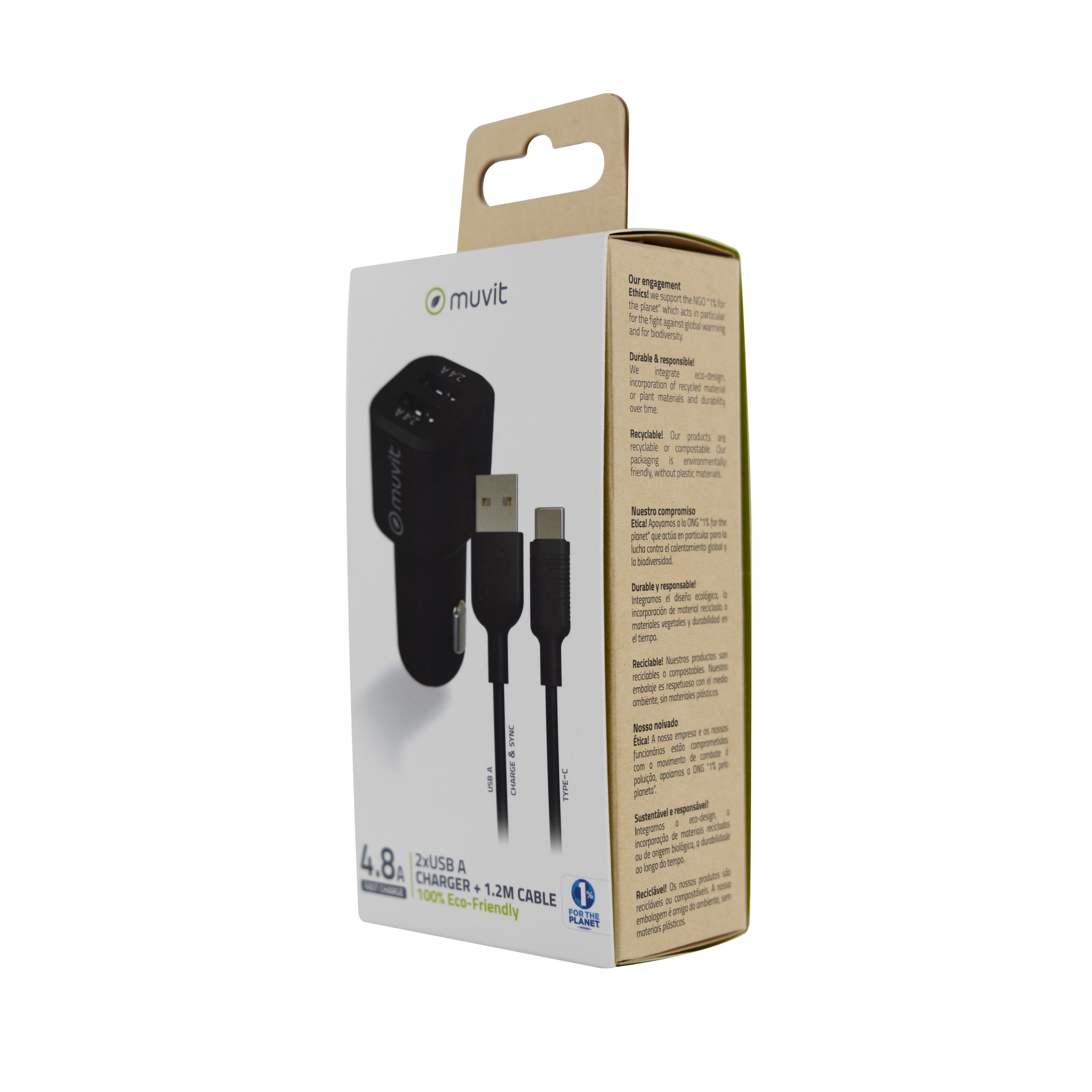muvit for change pack cargador coche USB 2 puertos 2.4A + cable 1.2m tipo C negro