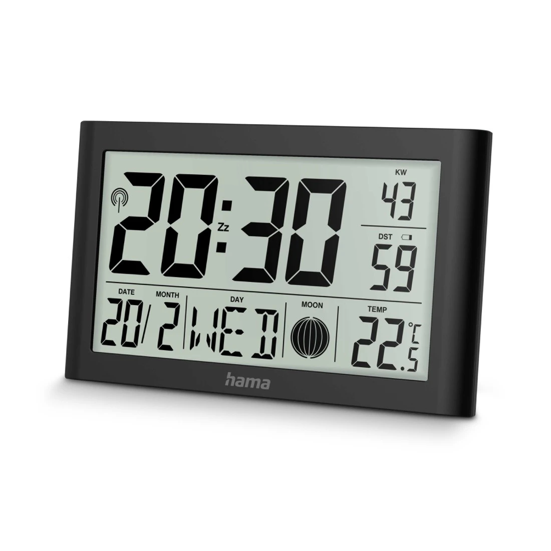 Hama Reloj de Pared Digital (DCF Radio Reloj con termómetro, Reloj con función Despertador, 2 alarmas, visualización de Calendario, día de la Semana, Fases de la Luna, Soporte Plegable, Incluye
