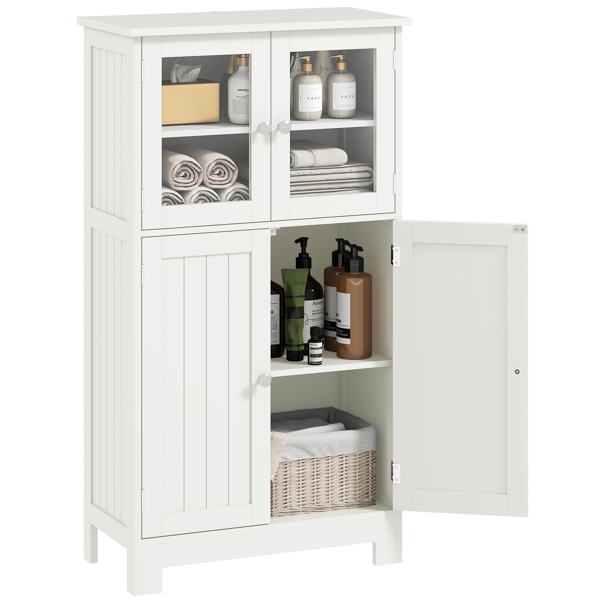 kleankin Columna de Baño Armario Auxiliar de Baño con Puertas de Vidrio Templado y Estante Ajustable para Cocina Comedor Salón 60x30x108,5 cm Blanco