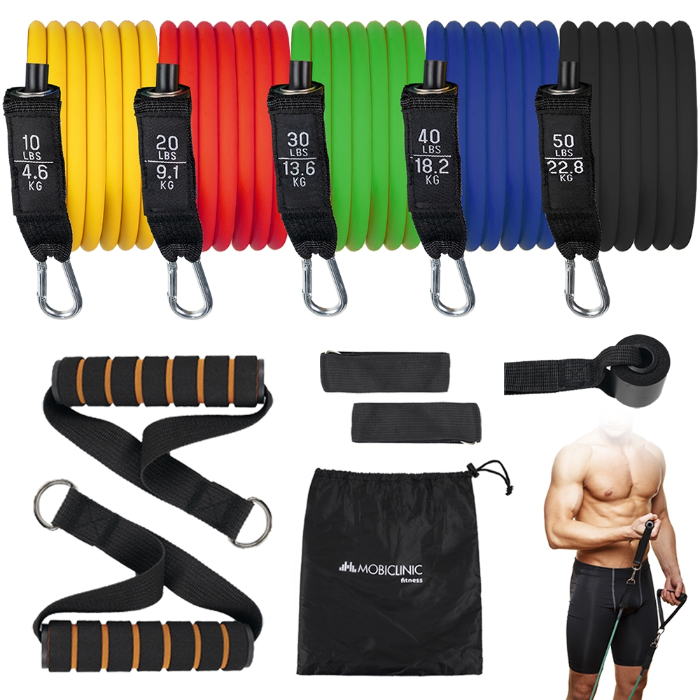 Mobiclinic Goma elásticas de musculación con Asas 5 Niveles Bandas de Resistencia Crossfit Gimnasio en casa Marca española Gomas Elásticas Fitness para Yoga Pilates Estiramientos Glúteos