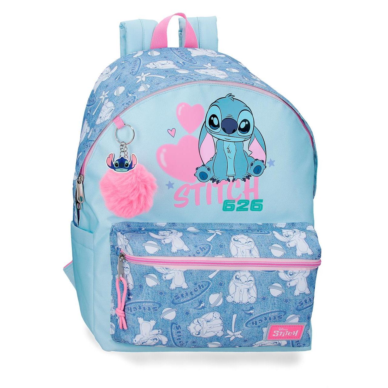 Mochila escolar adaptable a carro Disney Stitch Hearts denim