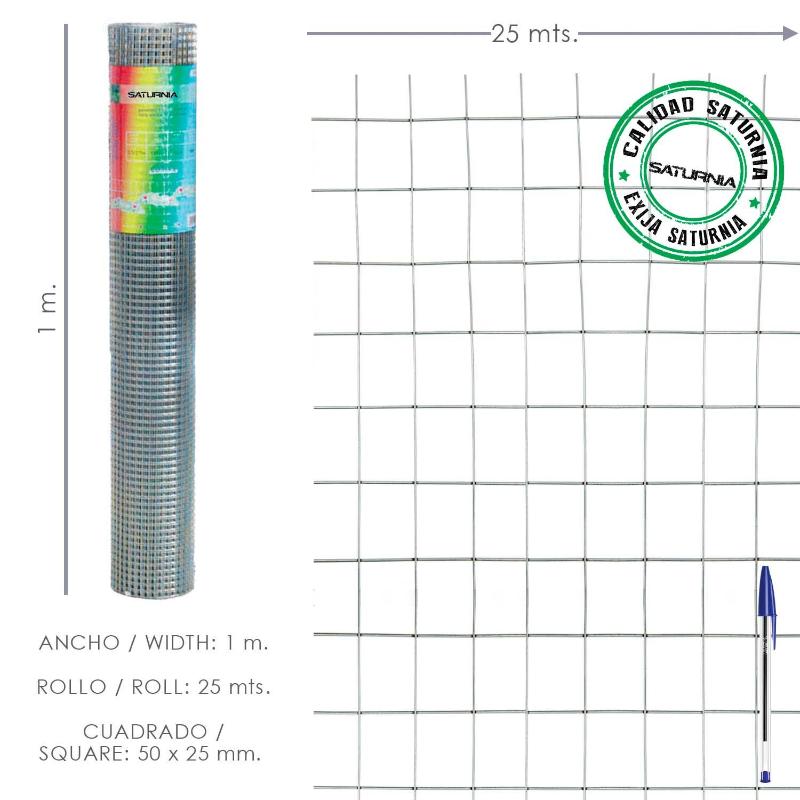 Malla electrosoldada galvanizada 50x25 / 2,00 / 100 cm. ga rollo 25 metros