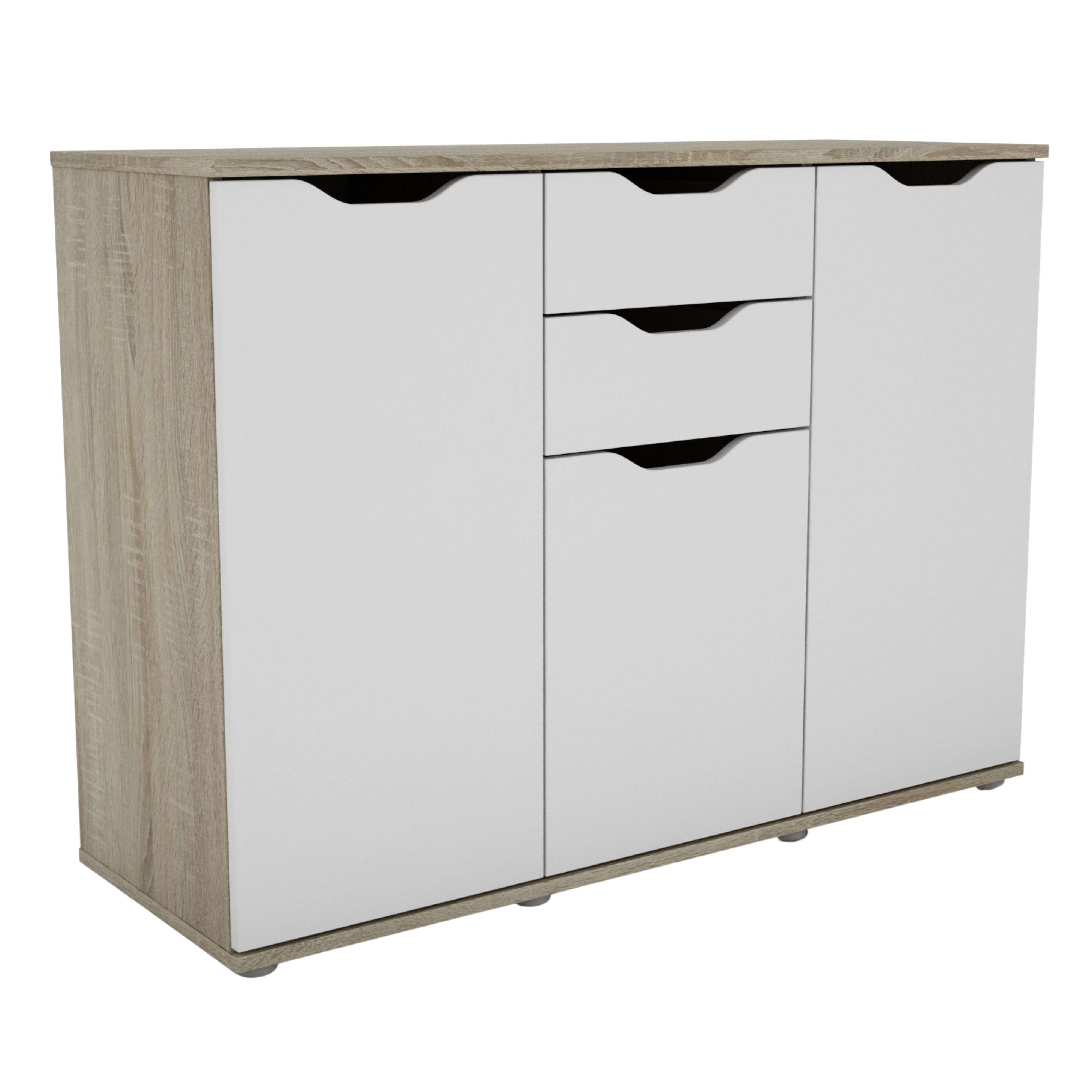 Miroytengo Aparador, Armario de Almacenaje 3 Puertas 2 Cajones Salón Parc Moderno Roble Sonoma y Blanco Mate 108x79x38 cm