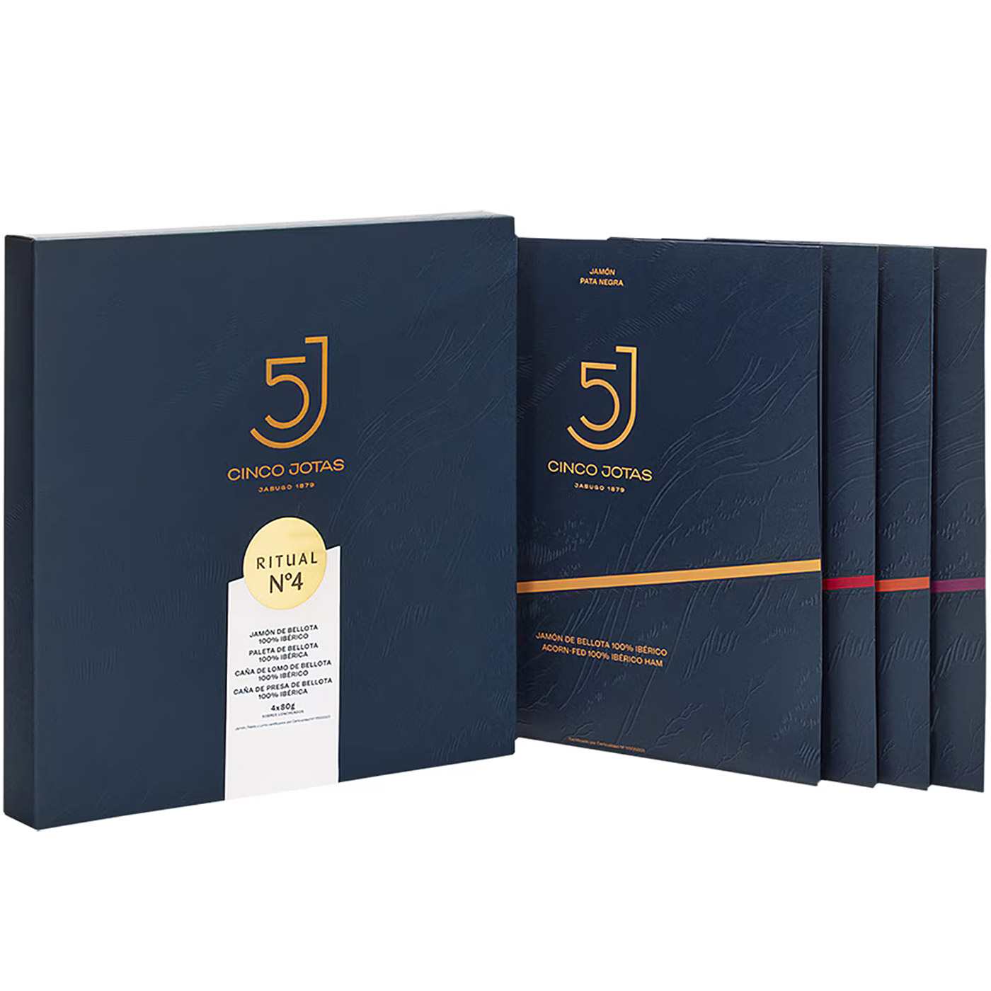 Cinco Jotas (5J) - Ritual No. 4 - Jamón, Paleta, Lomo y Presa de Bellota 100% Ibérico (4 Sobres x 80 g) - Estuche Regalo