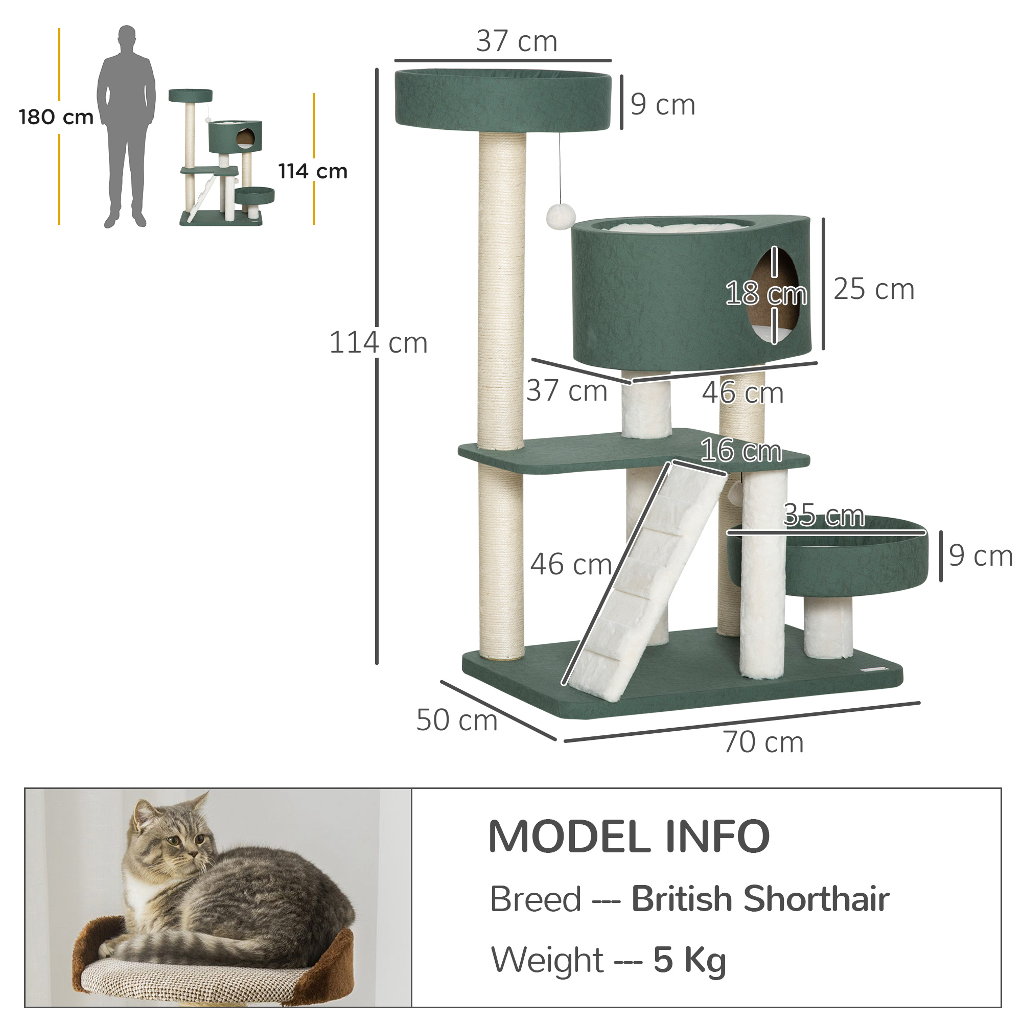 PawHut Árbol para Gatos Grande Altura 146 cm con Plataformas Cueva