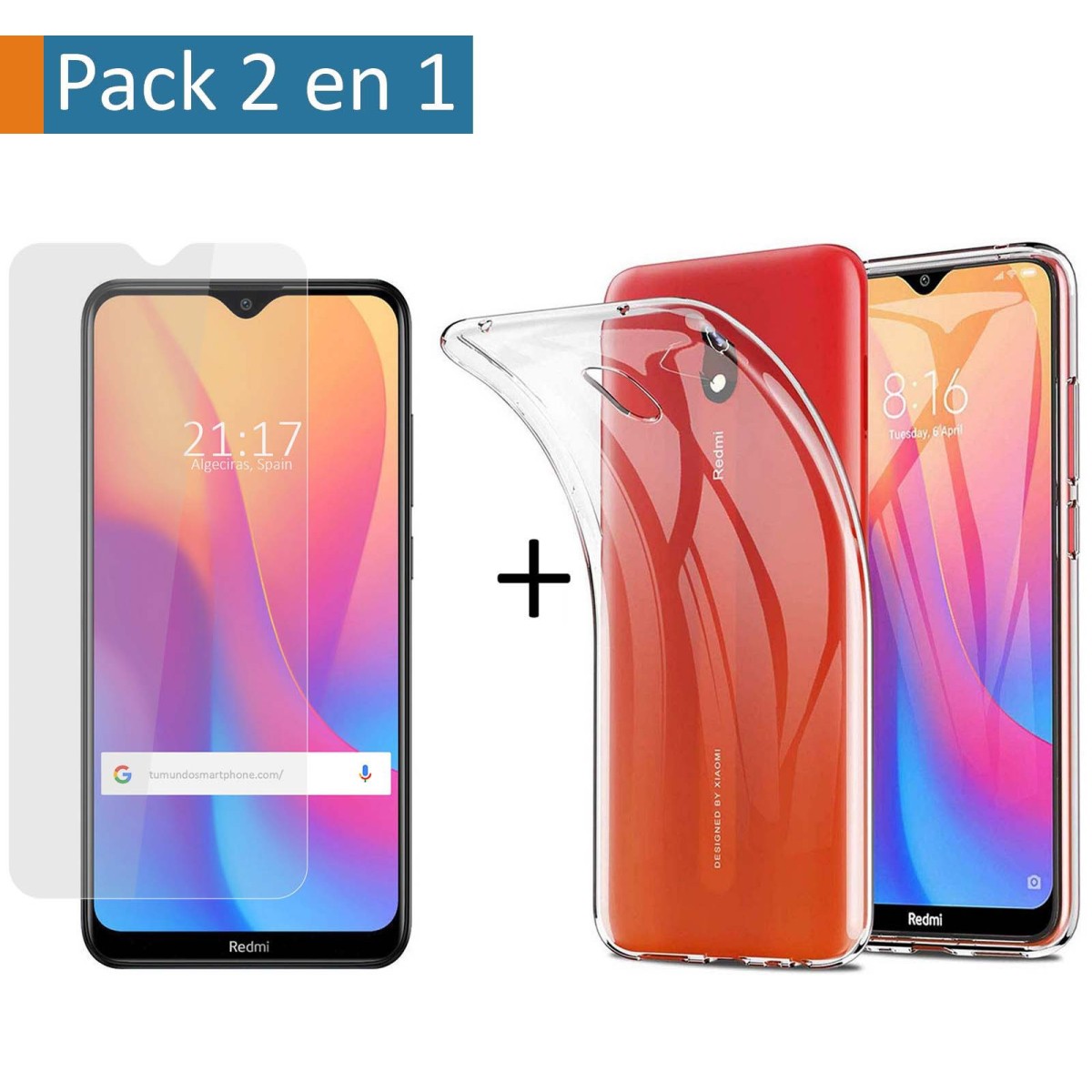Tumundosmartphone Pack 2 En 1 Funda Gel Transparente + Protector Cristal Templado para Xiaomi Redmi 8A