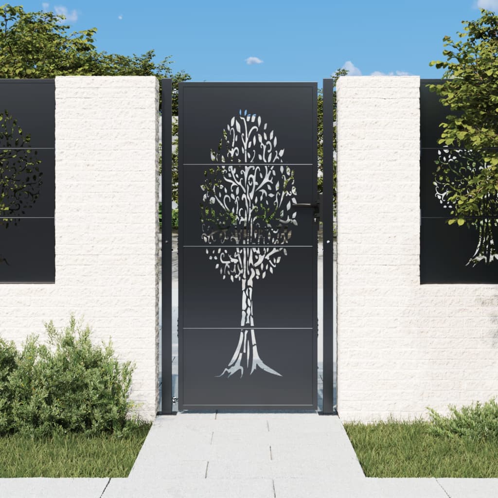 vidaXL Puerta de Jardín Verja con Cerradura Acero Gris Antracita Diseño Árbol Dimensiones 105 x 80 cm,  105 x 105 cm,  105 x 130 cm y mas