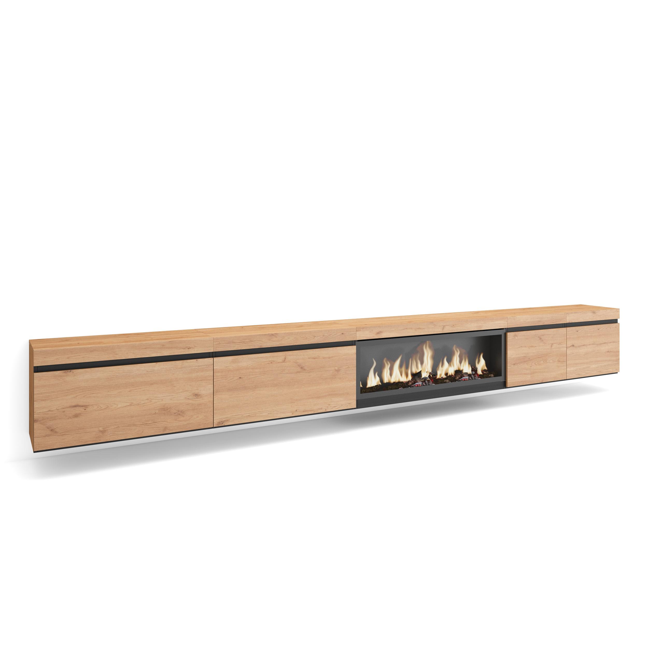 Skraut Home, Mueble TV, Televisión, Muebles de salón, almacenaje, 368x35x45cm, Chimenea eléctrica XXL efecto fuego 3d, Colgado, color Roble