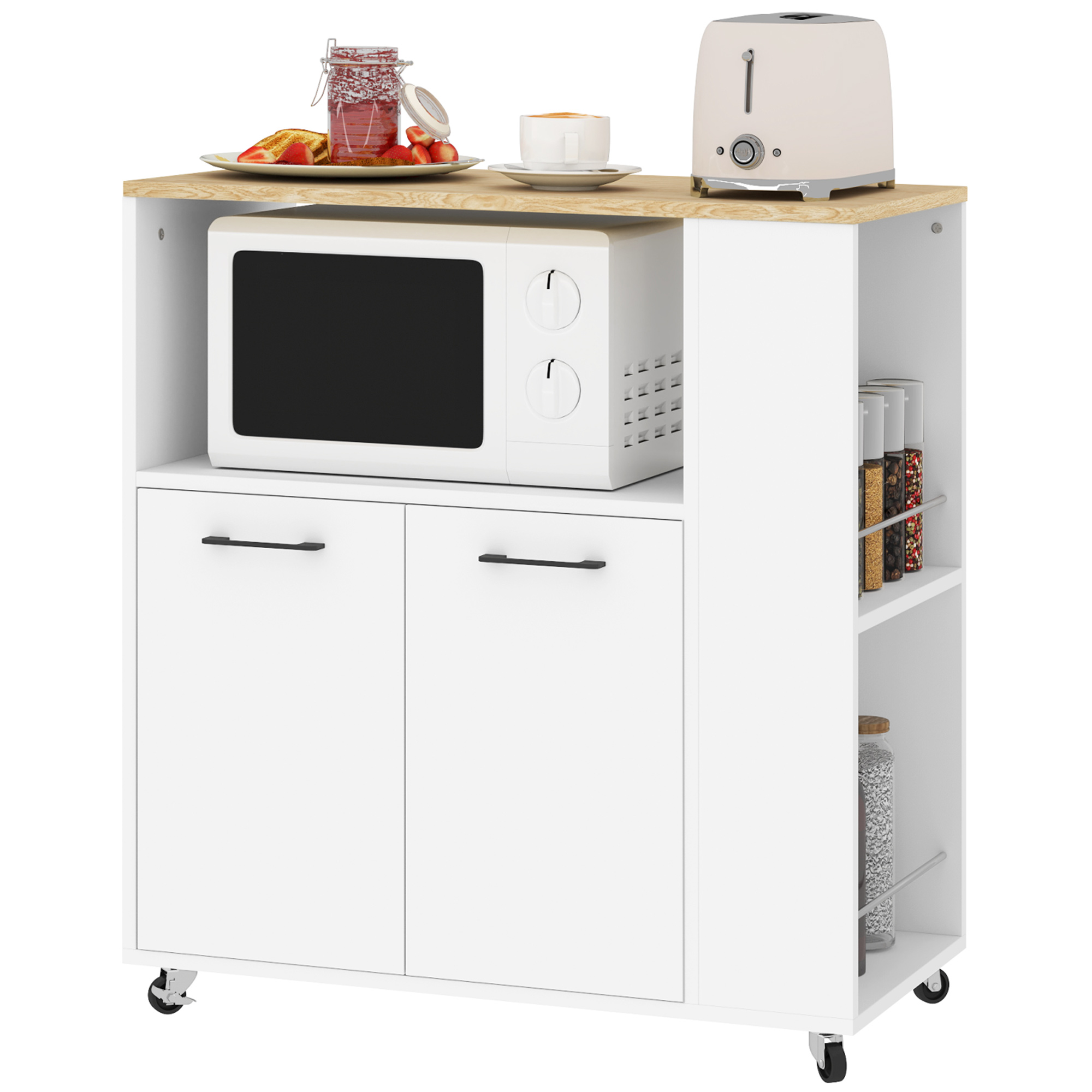 HOMCOM Carrito Auxiliar con Ruedas, Carrito de Cocina con 2 Puertas, Estante Ajustable, Especieros, para Comedor, 75x40x80,5 cm