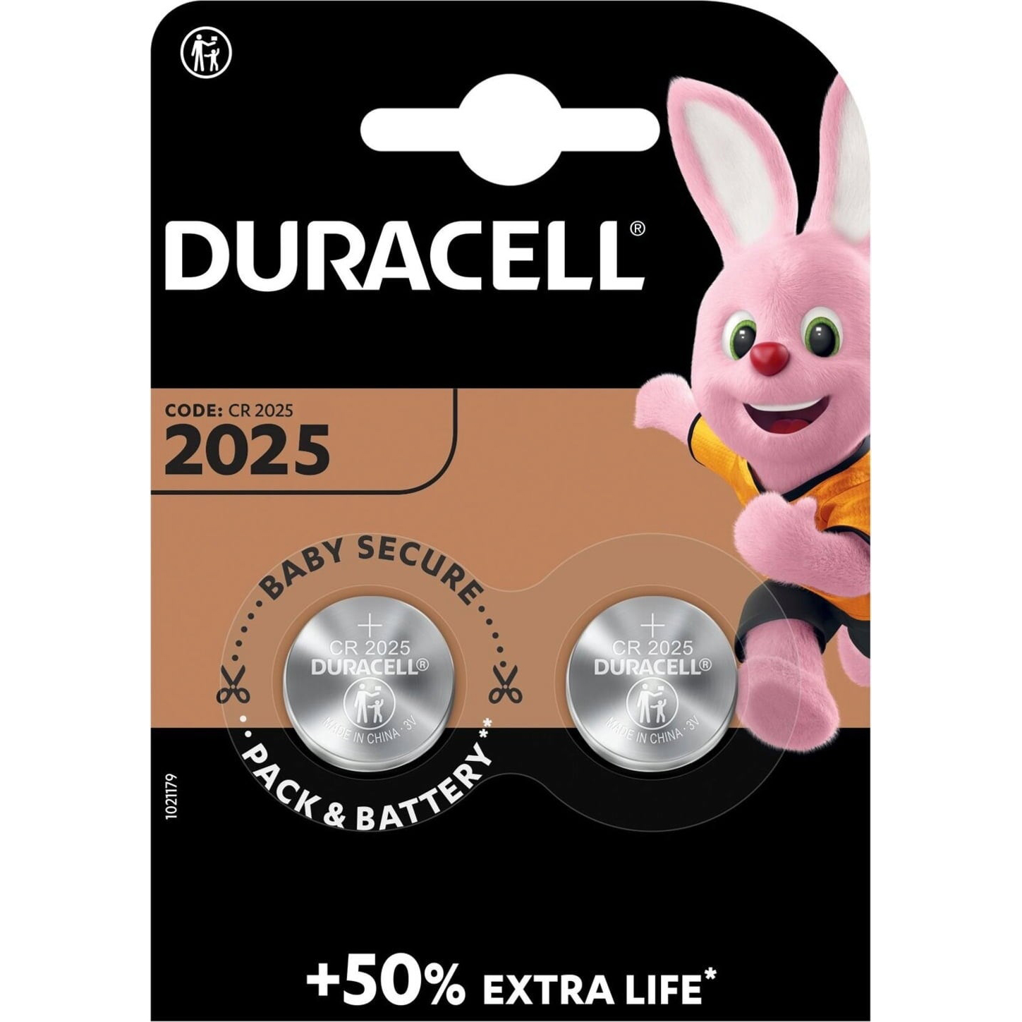 Duracell Pila de Botón de Litio CR 2025 de 3V, Tecnología Baby Secure (Blister de 2 Uds.)