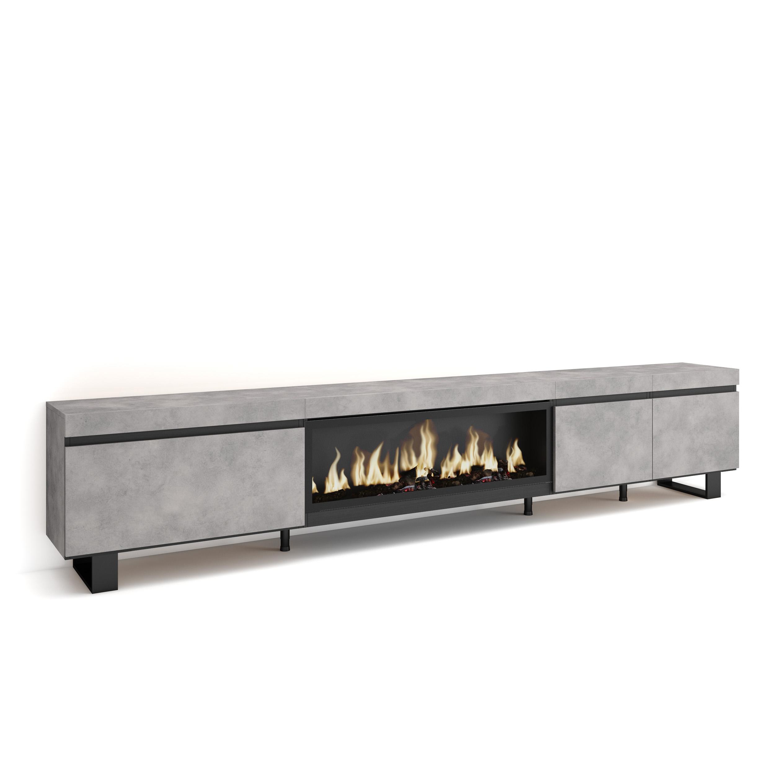 Skraut Home, Mueble TV, 288x35x57cm, Para TV gran formato, Chimenea eléctrica XXL led efecto fuego 3d