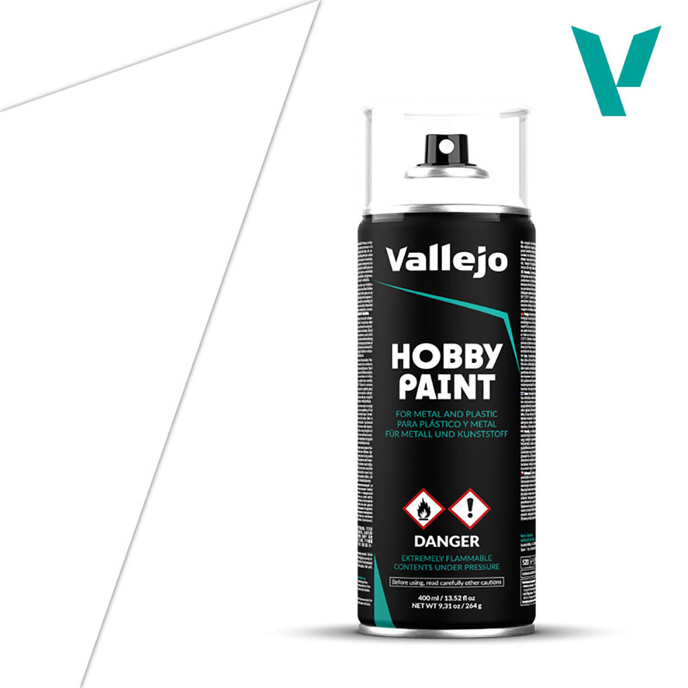 ACRYLICOS VALLEJO - SPRAY ACRILICO IMPRIMACION BLANCA (400 ml) - Acrylicos Vallejo 28010 -para Miniaturas de Metal, Plástico y Resina con Acabado Mate. Con anillo coloreado para identificacion del color.