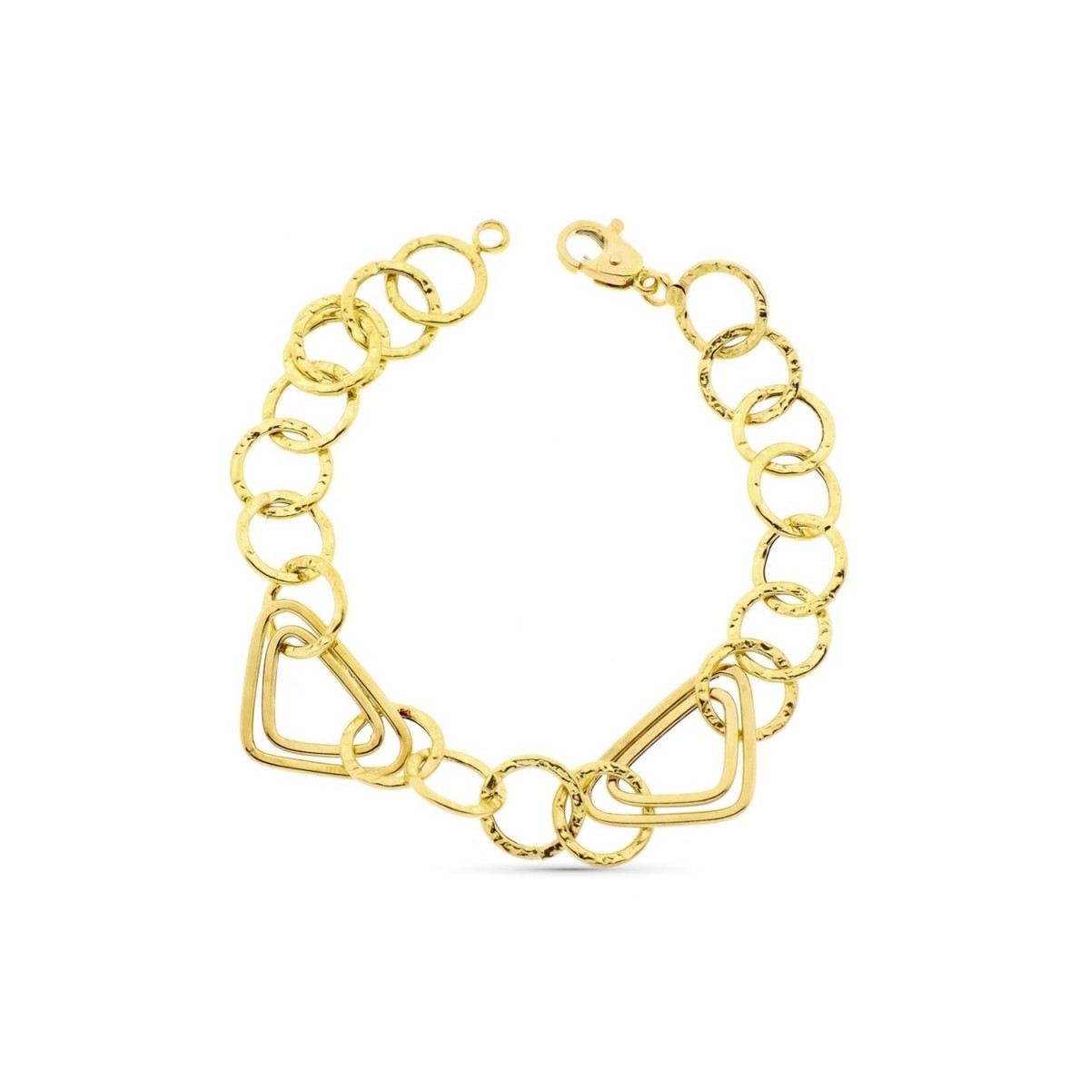 Pulsera oro 18k eslabones huecos triángulos redondos detalles cierre mosquetón
