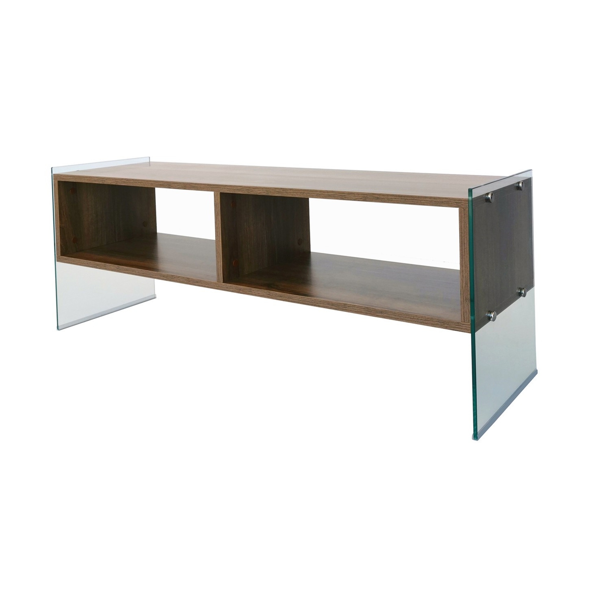 Mesa TV Wellhome de Tablero Aglomerado Rechapado en Melamina Color Nogal con Estructura de Vidrio Templado y Anclaje a Pared