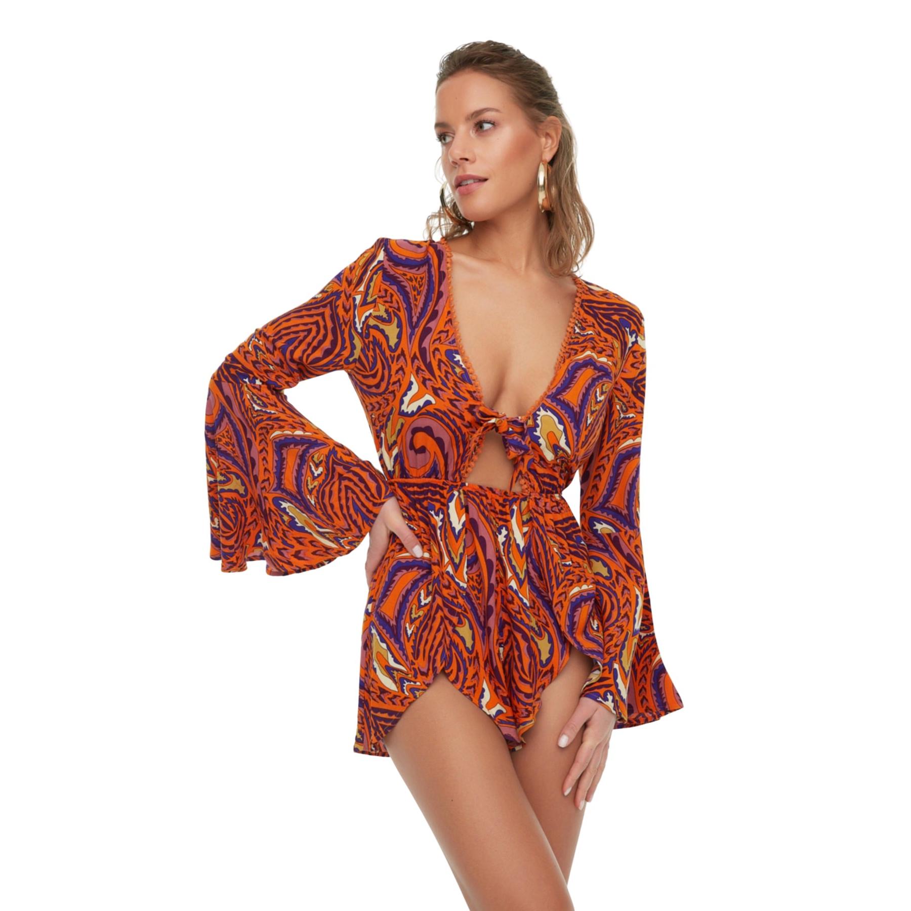 Trendyol Abstract Patterned Woven Flounce Blouse Shorts Beach Set Tbess22Au0113