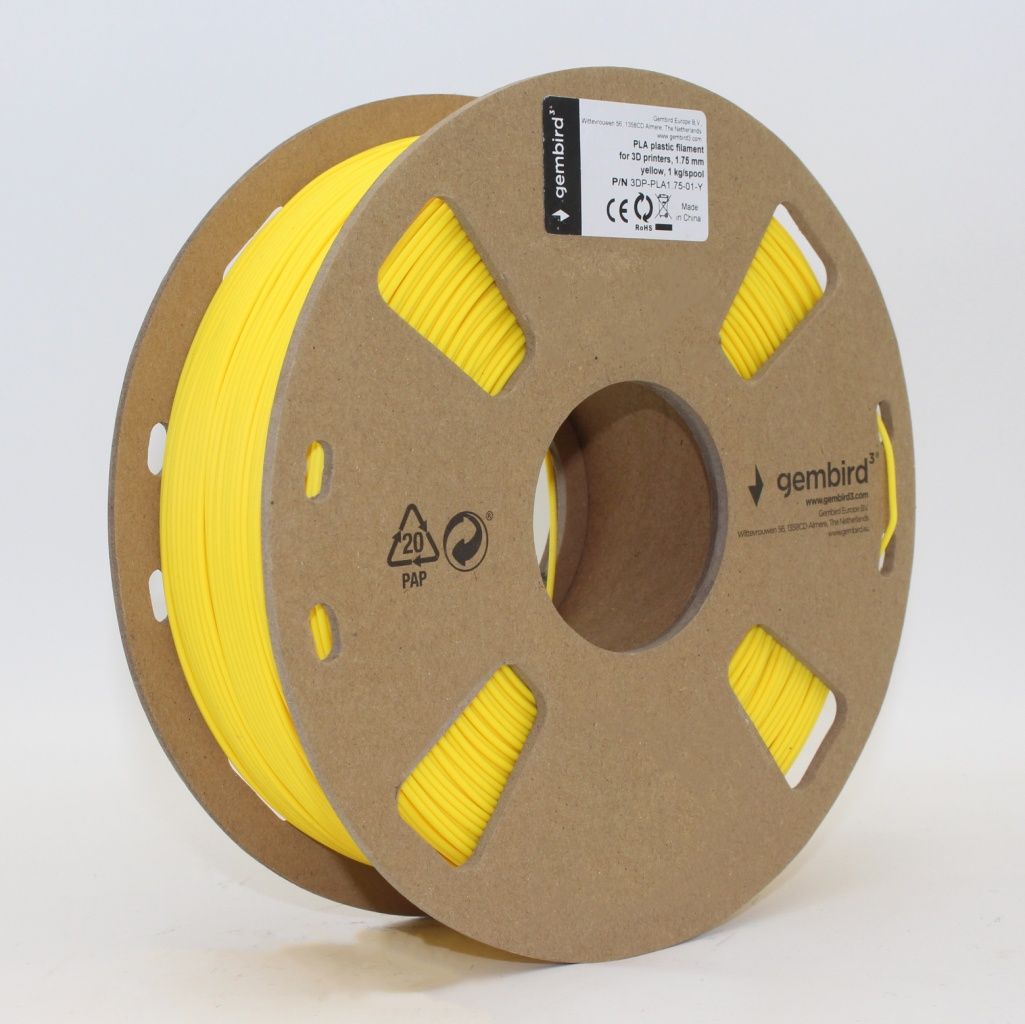 Gembird - Filamento PLA Amarillo 1.75 mm para impresoras 3D, biodegradable y fácil de imprimir, compatible con múltiples marcas, peso 1 kg, modelo CS0332024