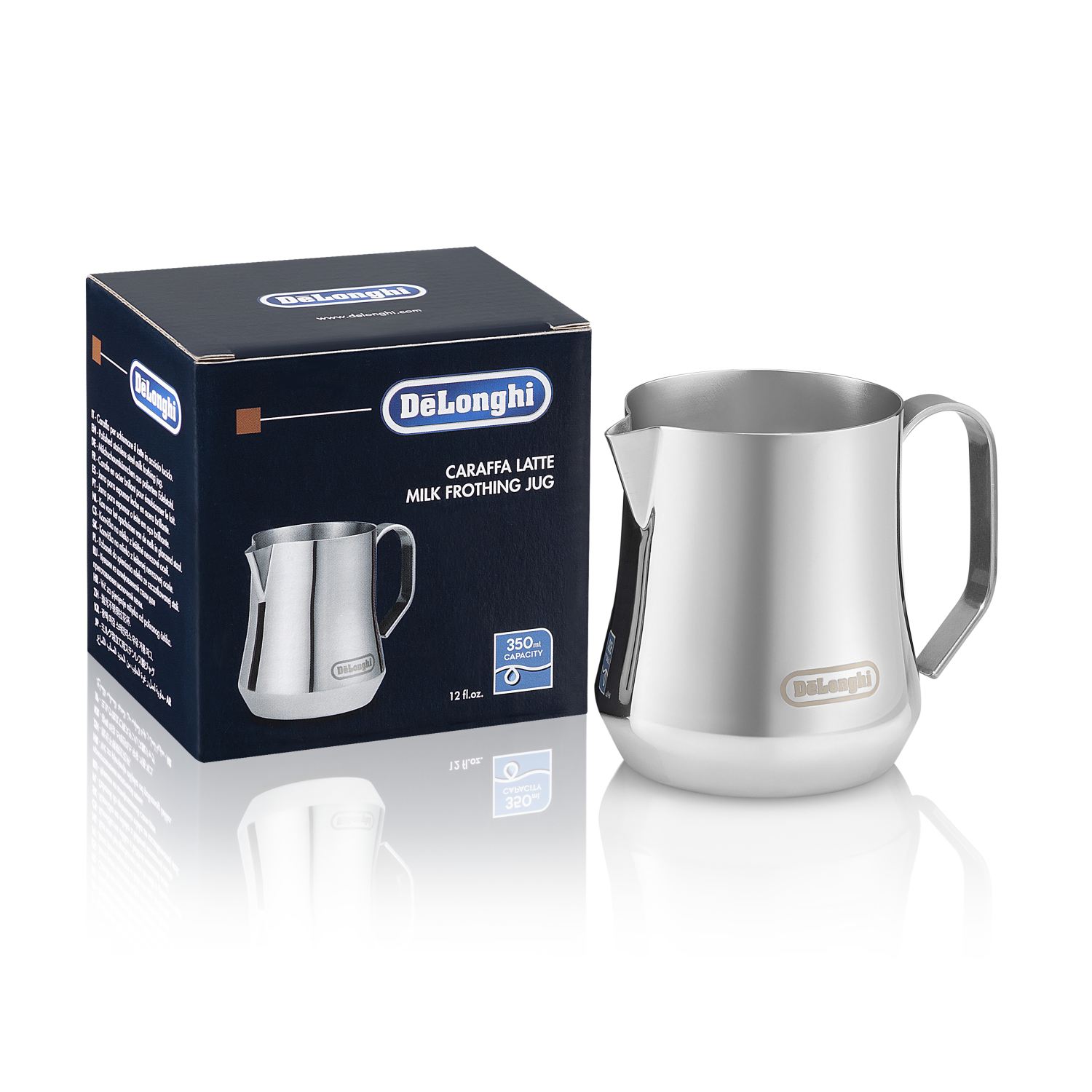 De'Longhi - Jarra para espumar leche. Capacidad 350ml, acero inoxidable y con mango ergonómico. Modelo DLSC060