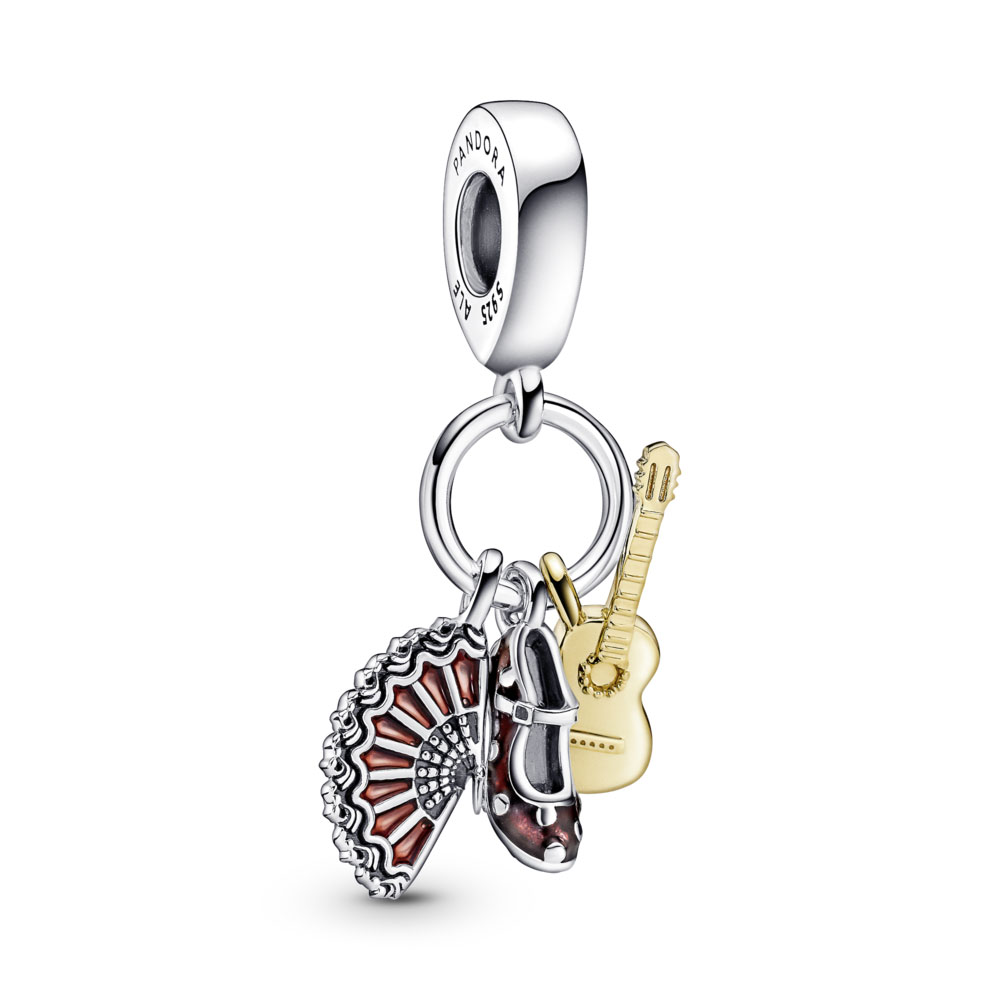 Pandora Moments Flamenco & Abanico Charm Colgante en plata de ley y oro de 14k Guitarra Española, Zapato 760765C01 , para Mujer
