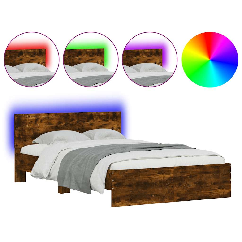vidaXL Estructura de cama cabecero y luces LED roble ahumado 120x200cm