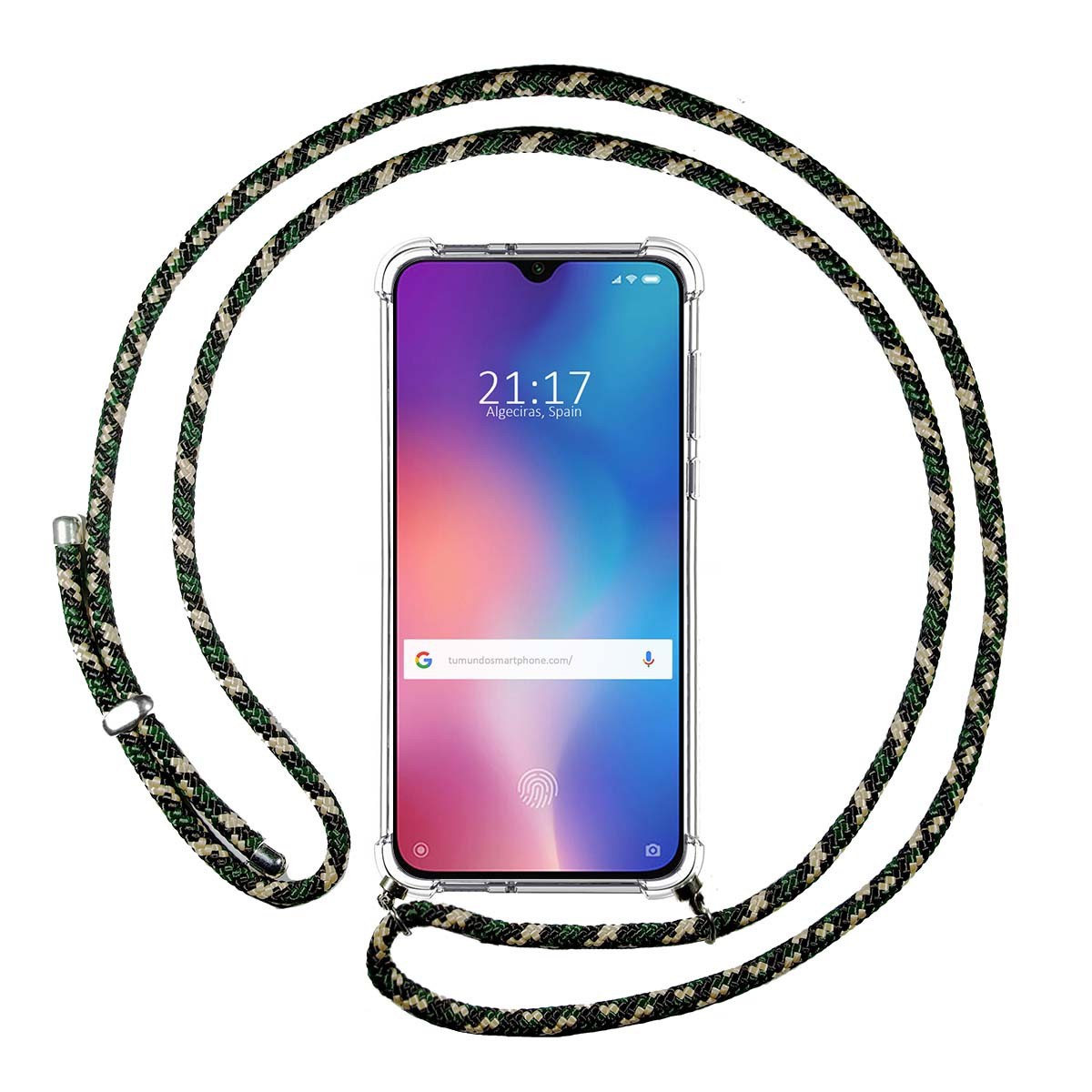 Tumundosmartphone Funda Colgante Transparente para Xiaomi Mi 9 SE con Cordon Verde / Dorado