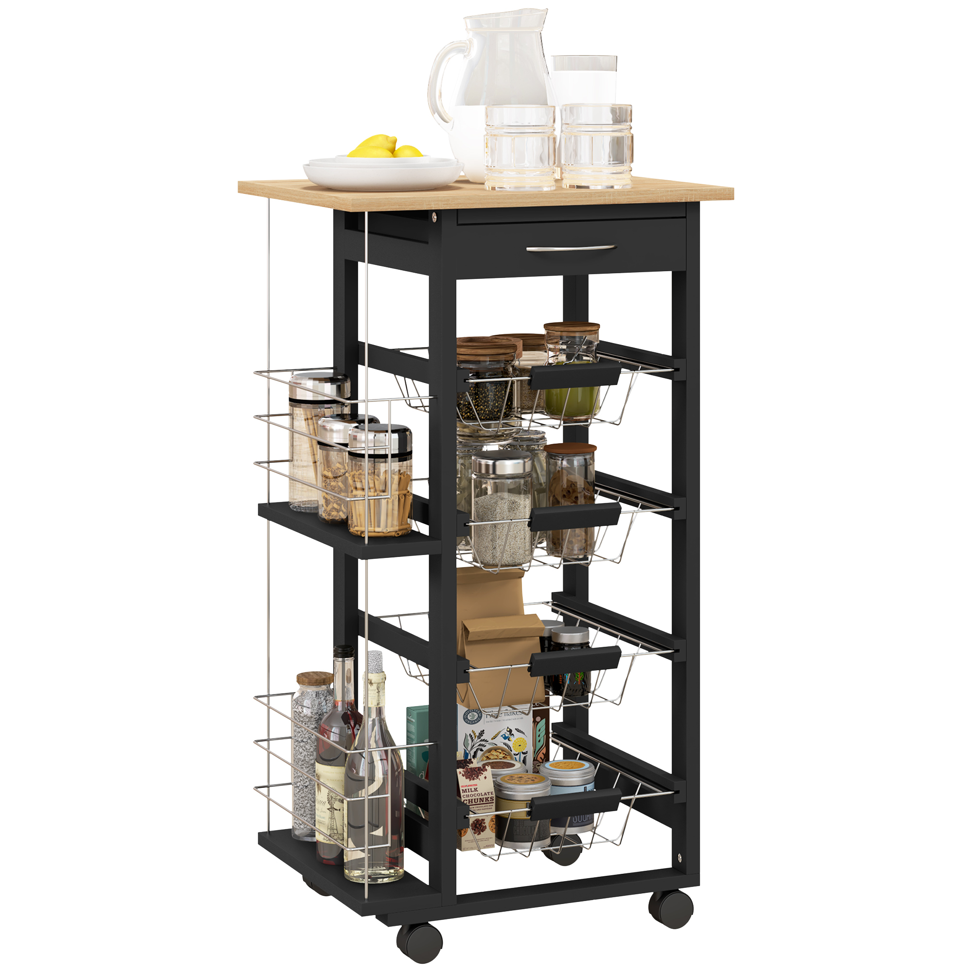 HOMCOM Carrito de Cocina Carro Multiusos de 5 Niveles con Cajón Bastidores Laterales Cestas Extraíbles de Metal 4 Ruedas 47x37x83 cm