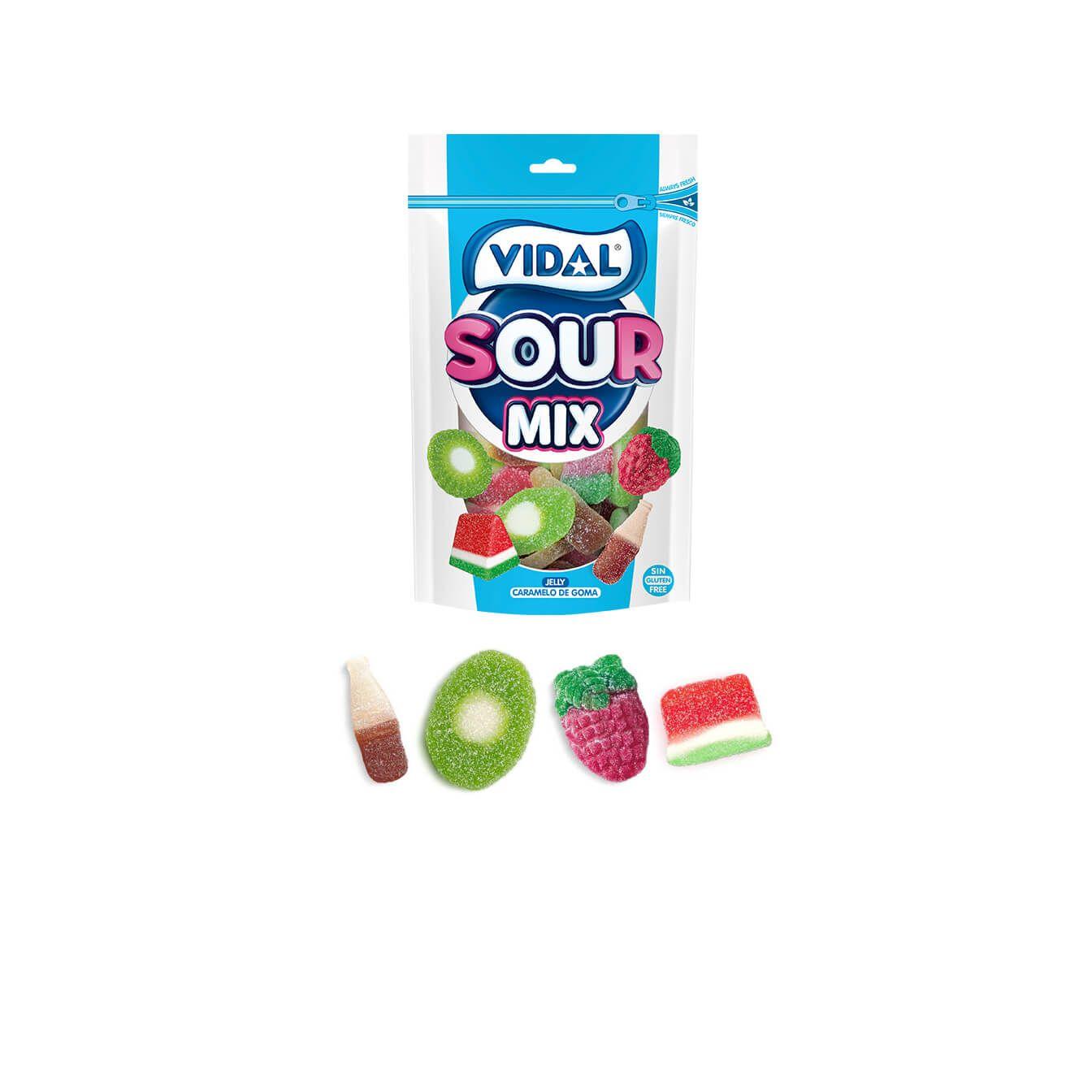Vidal gominolas Sour Mix 10 bolsas doypacks 180g - Date un gustazo y atrévete con esta selección de productos recubiertos de pica, Rodajas de Kiwi, Fresas Silvestres, Botellas Cola y Tajadas de Sandía. Seguro que no puedes elegir solo una, ¿o sí?