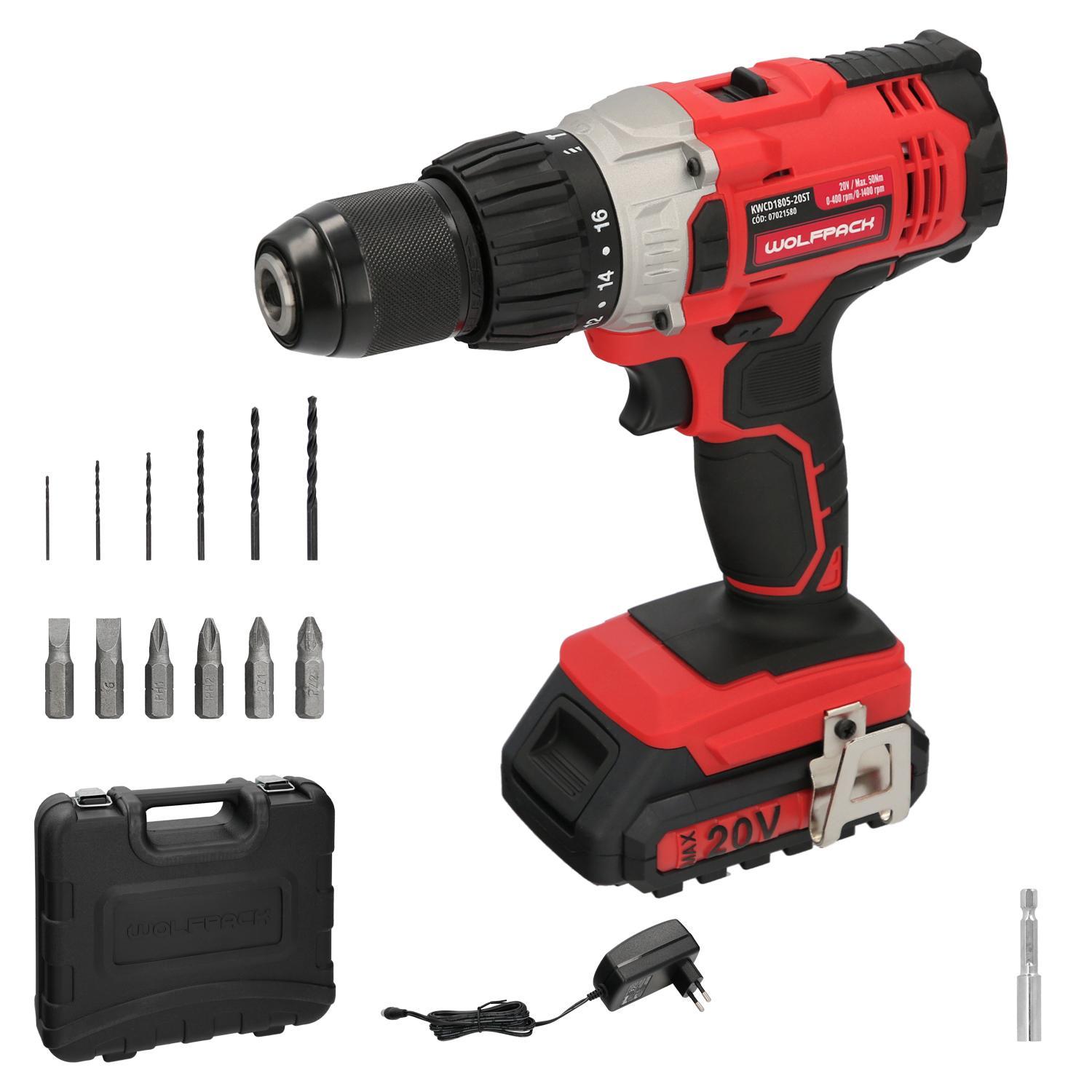 Taladro atornillador 20 v. con 2 velocidades y percutor. bateria 2 ah. par apriete 50 nm.