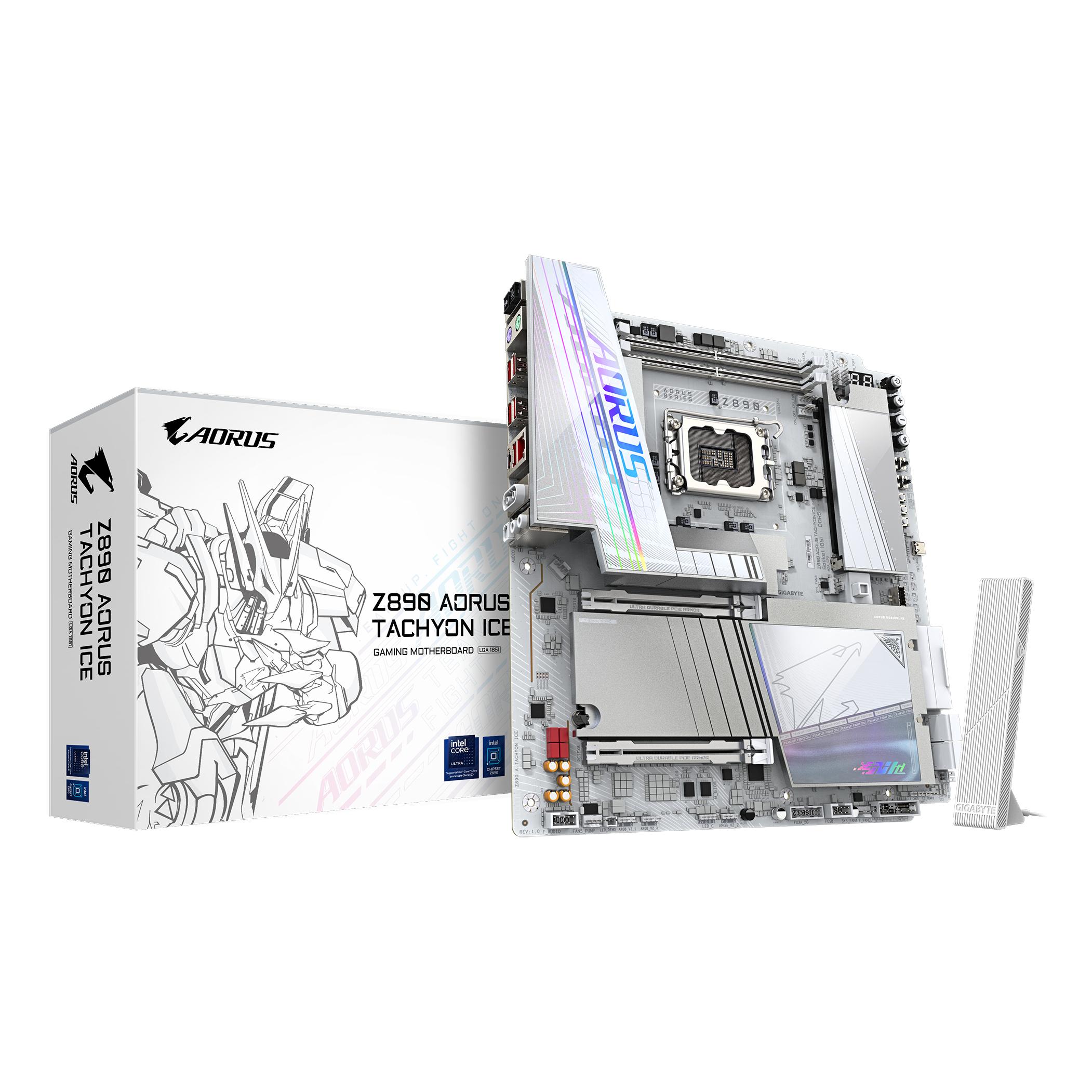 GIGABYTE Z890 AORUS TACHYON ICE Placa Base – Procesadores Intel Core Ultra (Serie 2), VRM de 18+1+2 fases, hasta 9500 MHz DDR5 (O.C), 1 x PCIe 5.0 + 3 x PCIe 4.0, Wi-Fi 7, LAN 5 GbE, USB 3.2 Gen 2x2