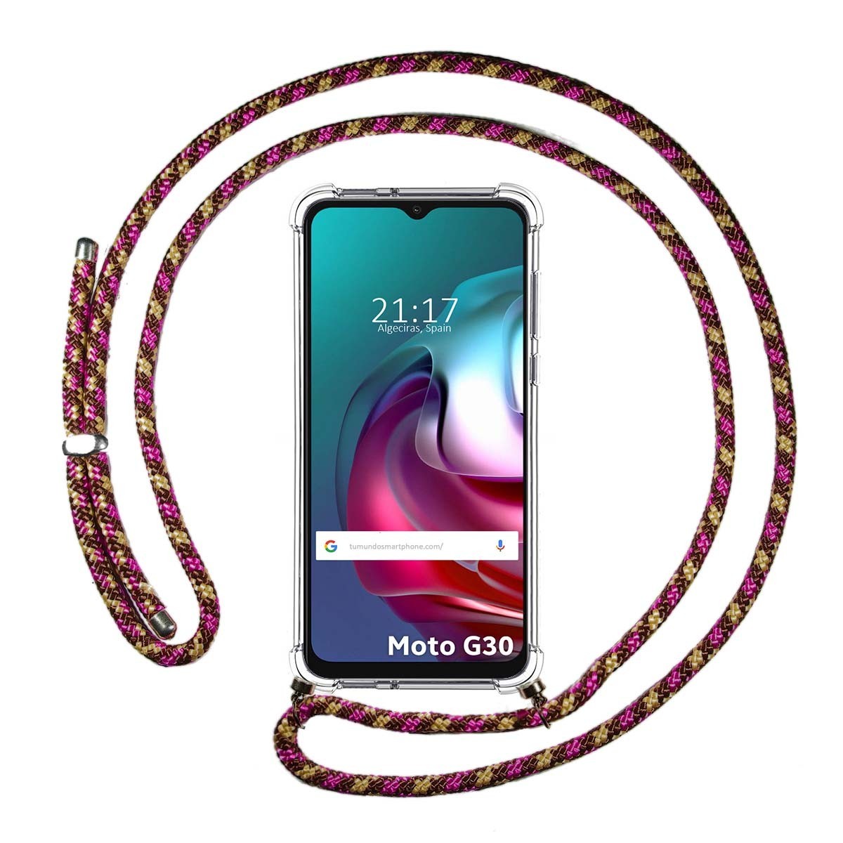 Tumundosmartphone Funda Colgante Transparente para Motorola Moto G10 / G20 / G30 con Cordon Rosa / Dorado