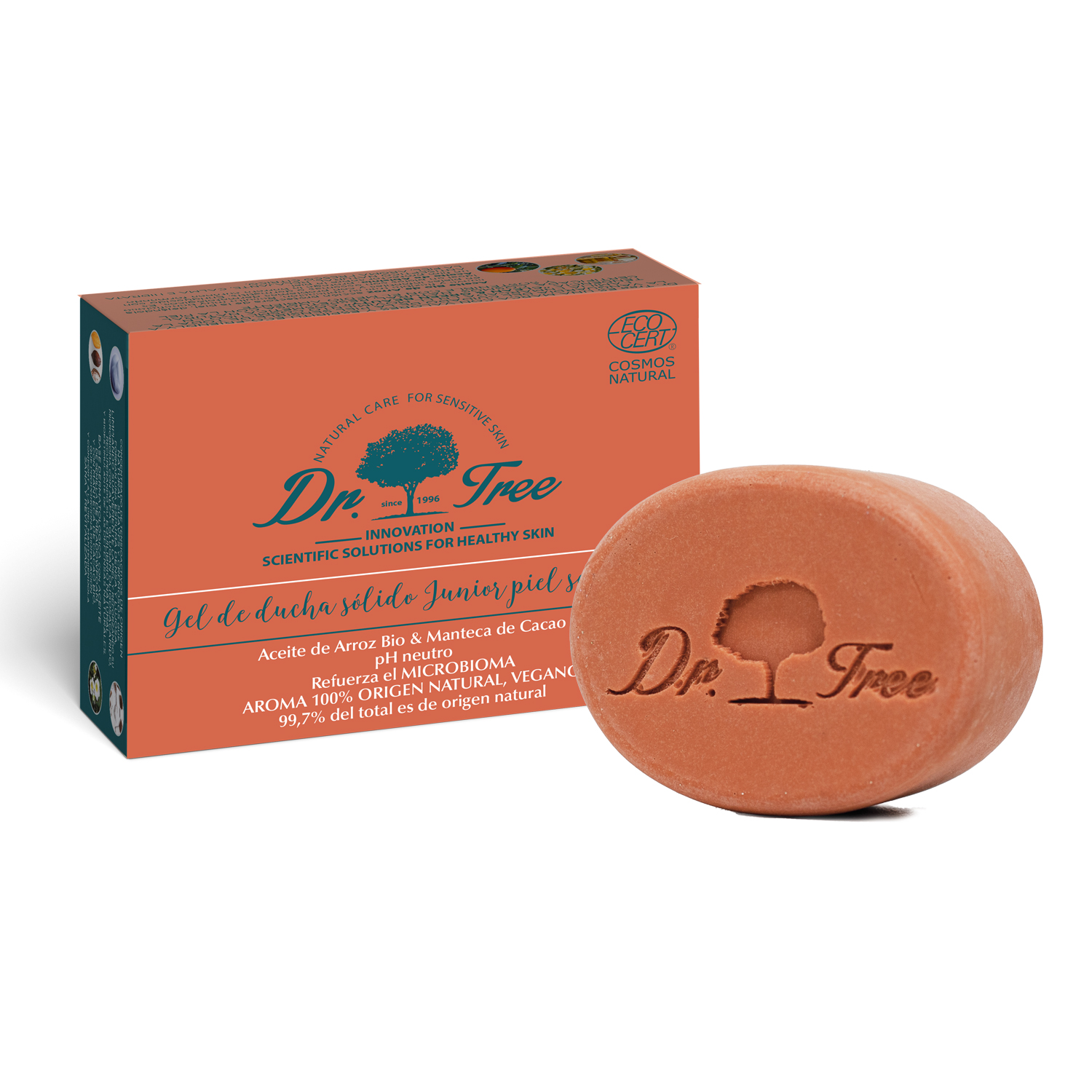 Dr. Tree Gel Sólido Junior, Piel Sensible, Refuerza el Microbioma, 99.7% Ingredientes Naturales, Aceite y Manteca de Cacao, Vegano, Sin Sulfatos SLE, SLS, Sin parabenos, Sin siliconas, 75gr