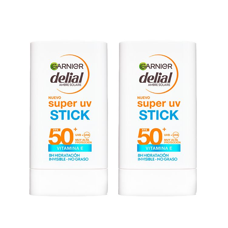 Garnier | Delial Super UV Stick Invisible con FPS50+ protege la piel de los daños UV diarios y ofrece 8H de hidratación. Además, está enriquecido con manteca de karité y vitamina E.  Pack de 2 Unidades