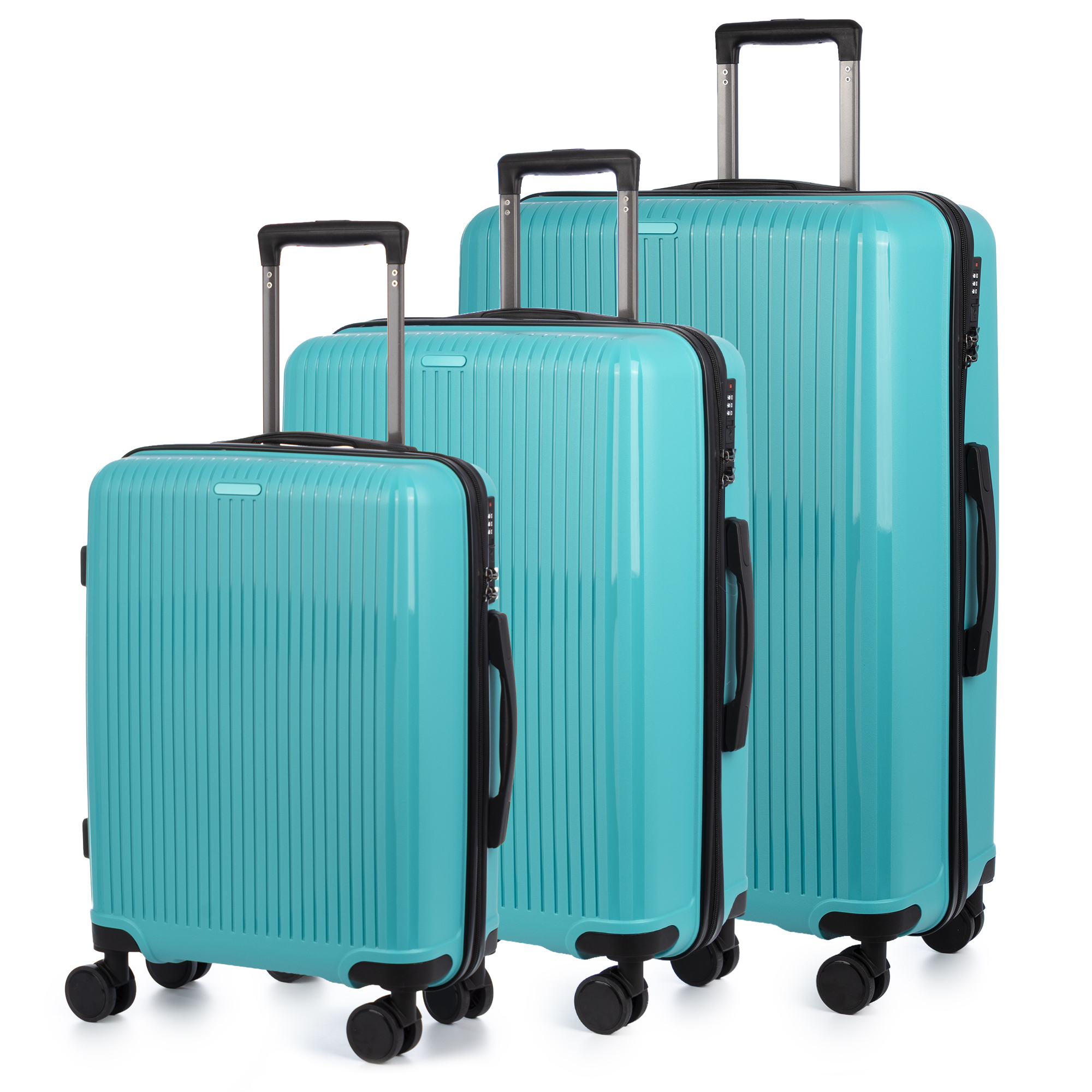 Juego de 3 maletas Trolley, en material ligero PP resistente a la rotura. Cerradura TSA numérica, 4 ruedas dobles giratorias 360°.