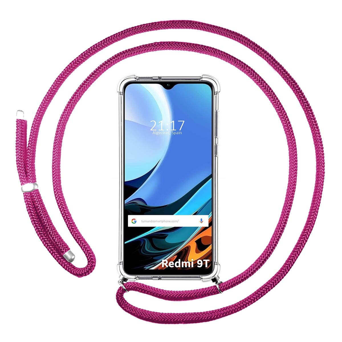 Tumundosmartphone Funda Colgante Transparente para Xiaomi Redmi 9T con Cordon Rosa Fucsia