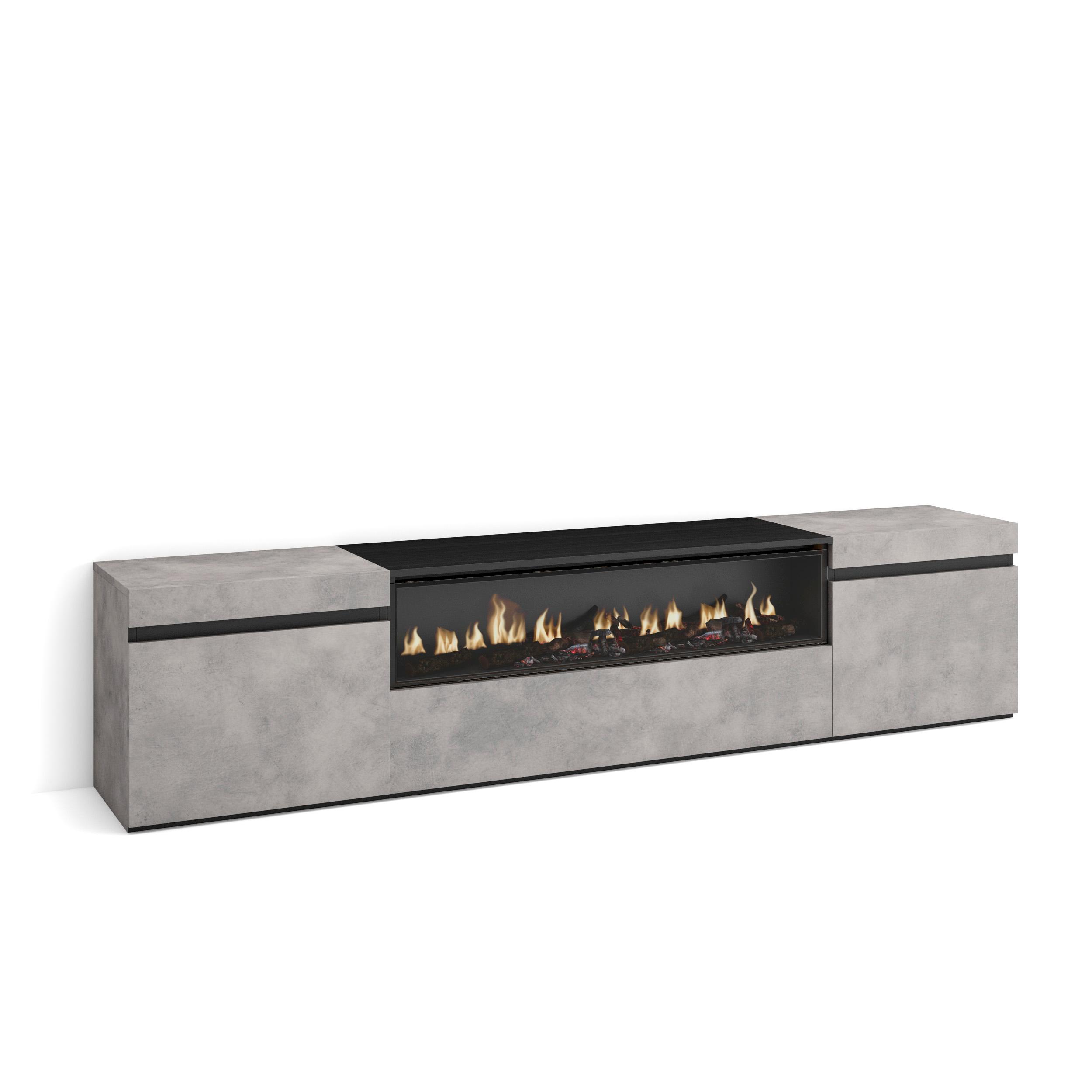 Skraut Home, Mueble de Televisión en melamina de alta calidad, 203x35x45cm, Fuego led efecto 3d, Veteado de madera, Tacto poroso