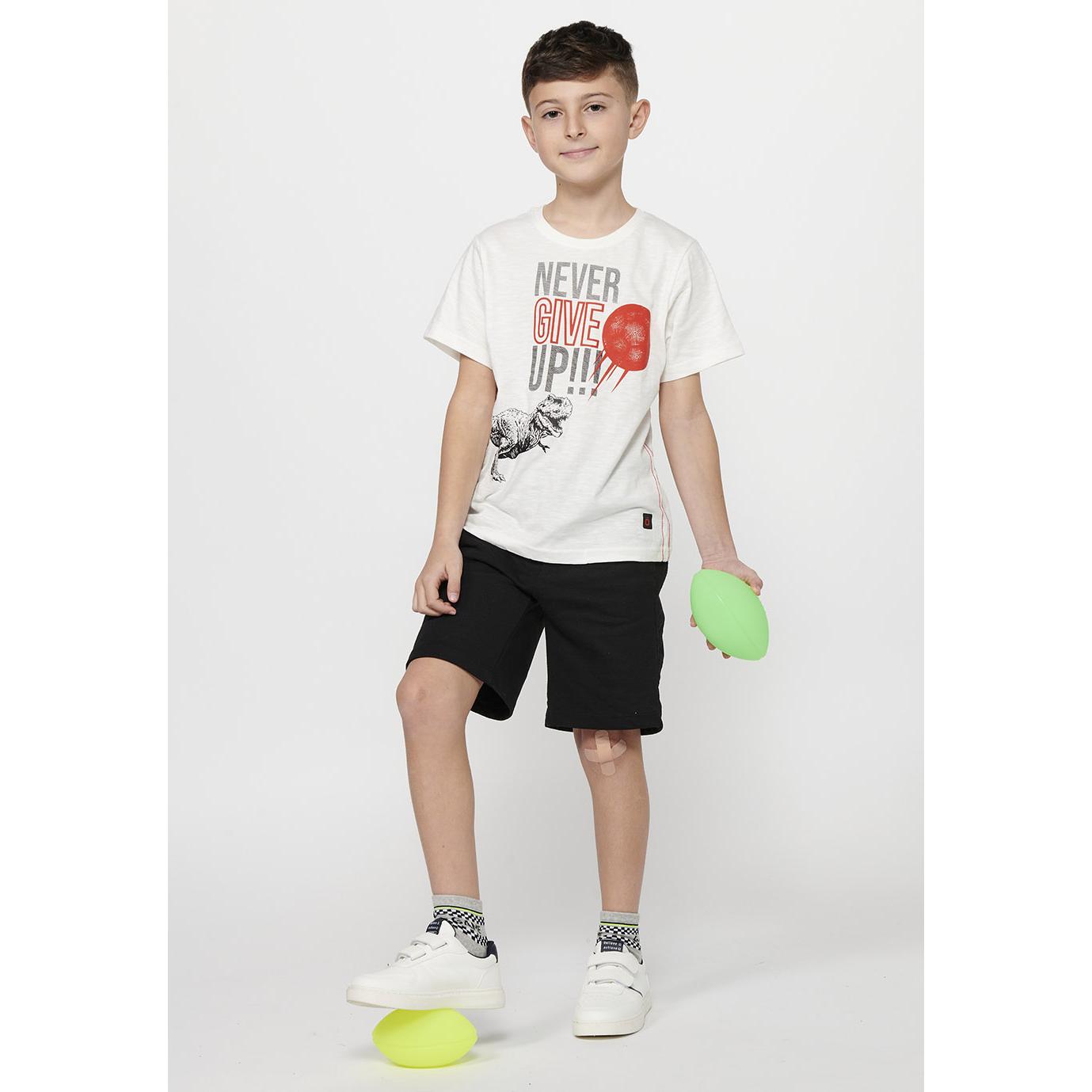 Koroshi - Camiseta niño manga corta con estampado T-Rex y lema Never Give Up, 100% algodón suave y transpirable, color crudo