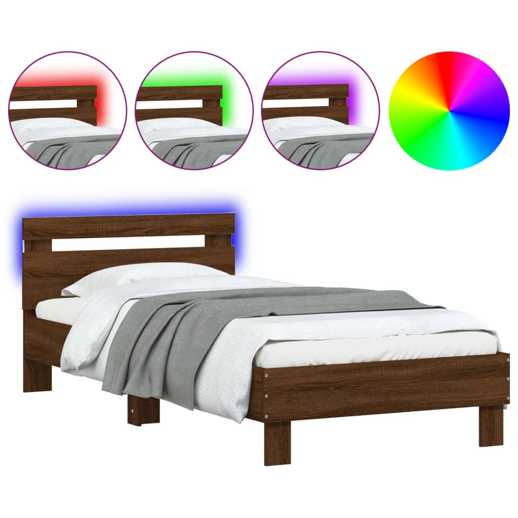vidaXL Estructura de cama cabecero luces LED roble marrón 90x200 cm
