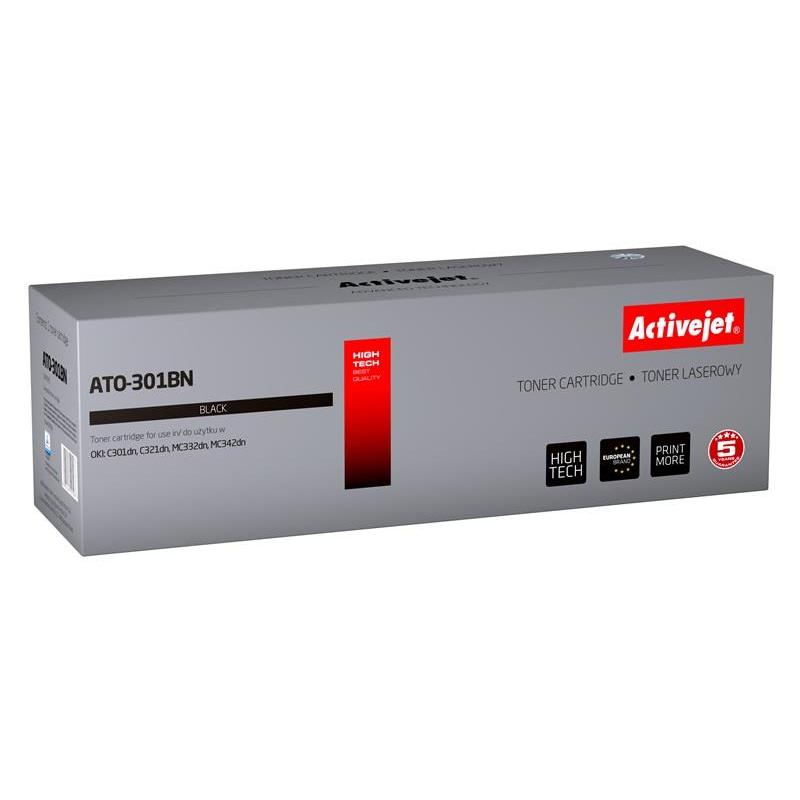 Activejet black toner cartridge compatible with OKI C301dn, M321dn, MC332dn, MC342dn, 2200 pages yield, 1 piece, ISO certified.