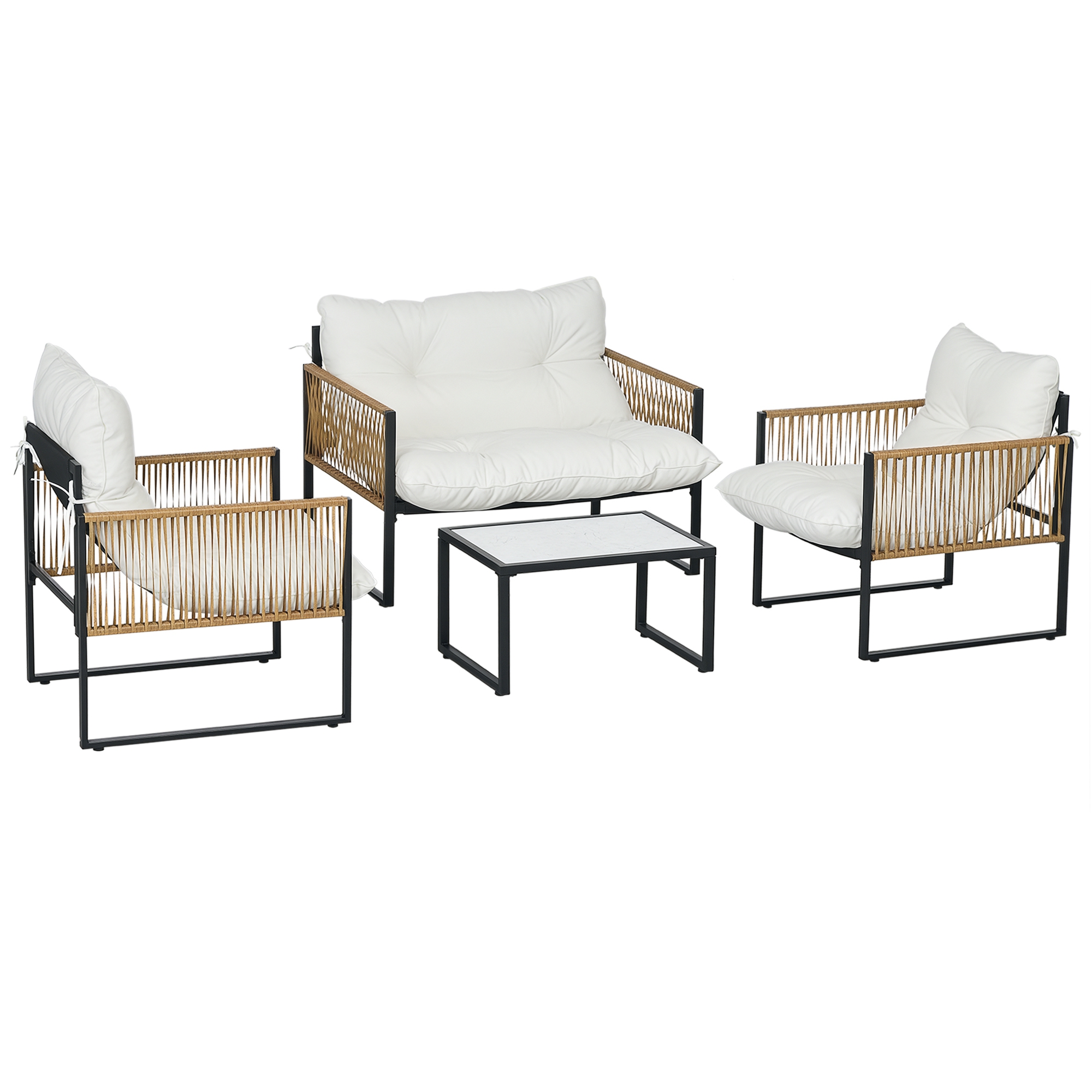 Outsunny Conjunto Jardín Exterior de Ratán, Muebles Jardín Exterior para 4 Piezas, Muebles Terraza con 1 Sofá de 2 Plazas, 2 Sillones, Cojines y 1 Mesa de Tablero de Vidrio, para Patio, Crema y Marrón