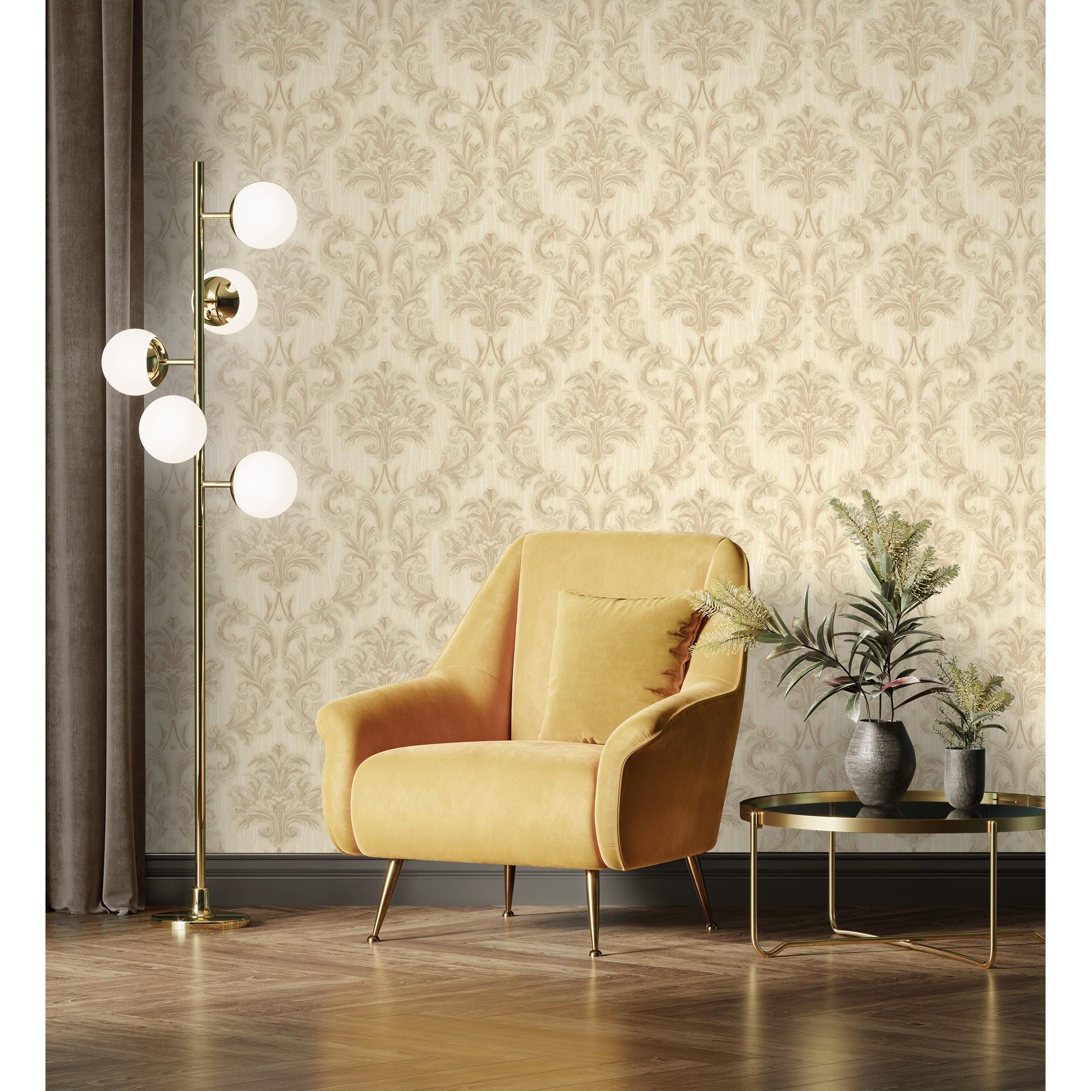 Papel pintado vinílico damasco clásico beige efecto textura de tela tejida en relieve - Bizans Damask 676875 de GAULAN - Rollo de 10 m x 1,06 m