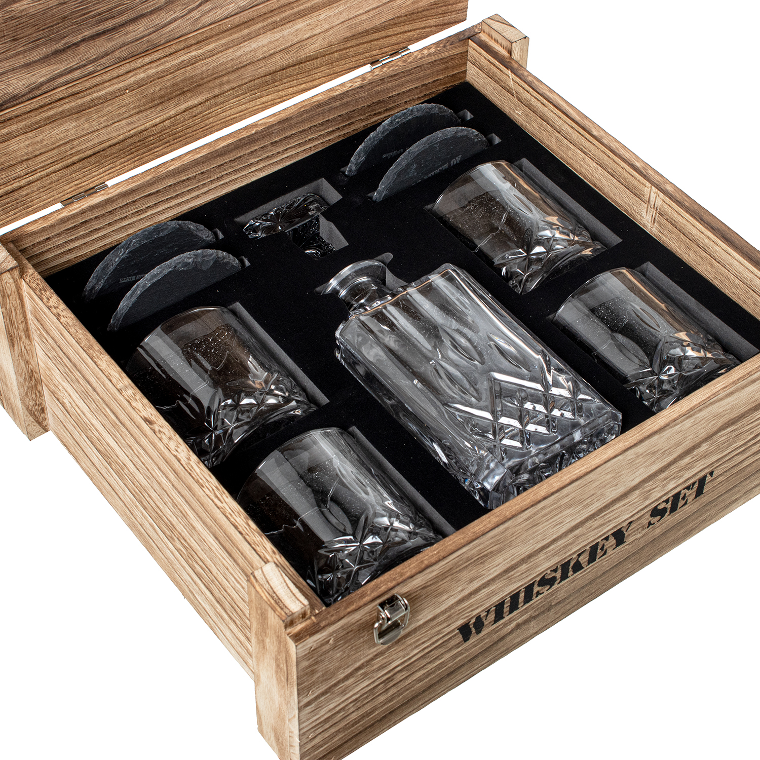 Set botella y 4 vasos whisky cristal en caja madera37, 5x33x14 cmbotella: 700ml vasos: 300ml