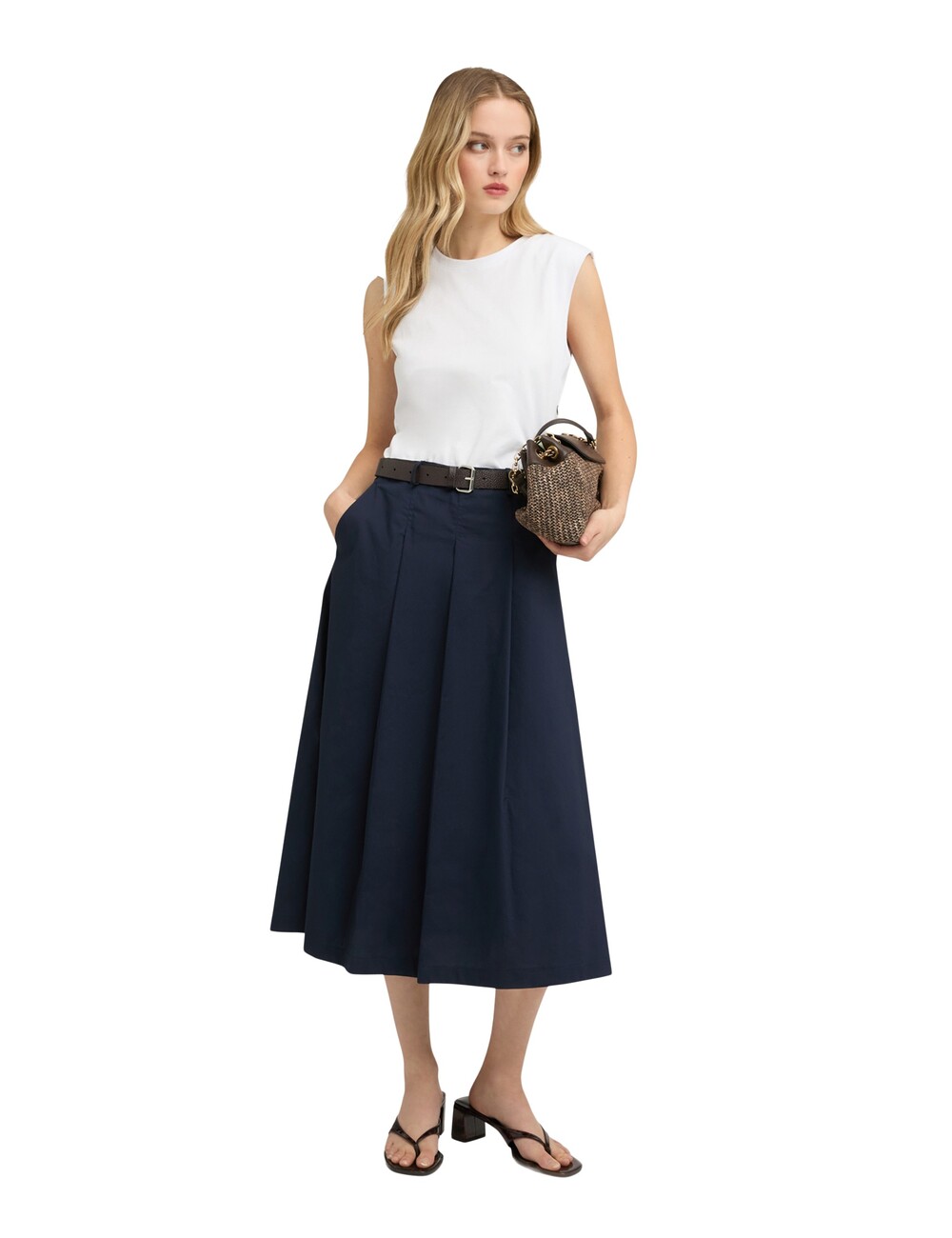 Motivi - Vestido midi con cinturón y falda de popelín