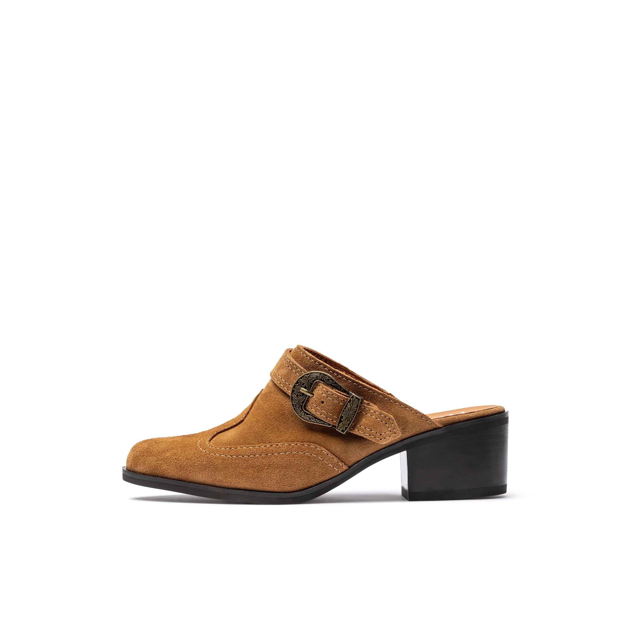 YOKONO Zueco tacón LAILA-003 MARRON | Zapatos mujer Otoño-Invierno | Piel vacuna  Serraje | 4 CM