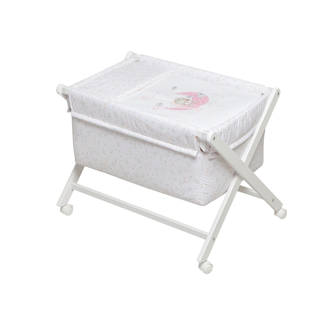 BERÇO EM X-BRANCO-FAIA+LENÇOIS+VESTIMENTA+COLCHÃO -MOD. BEAR SLEEPING - ROSA